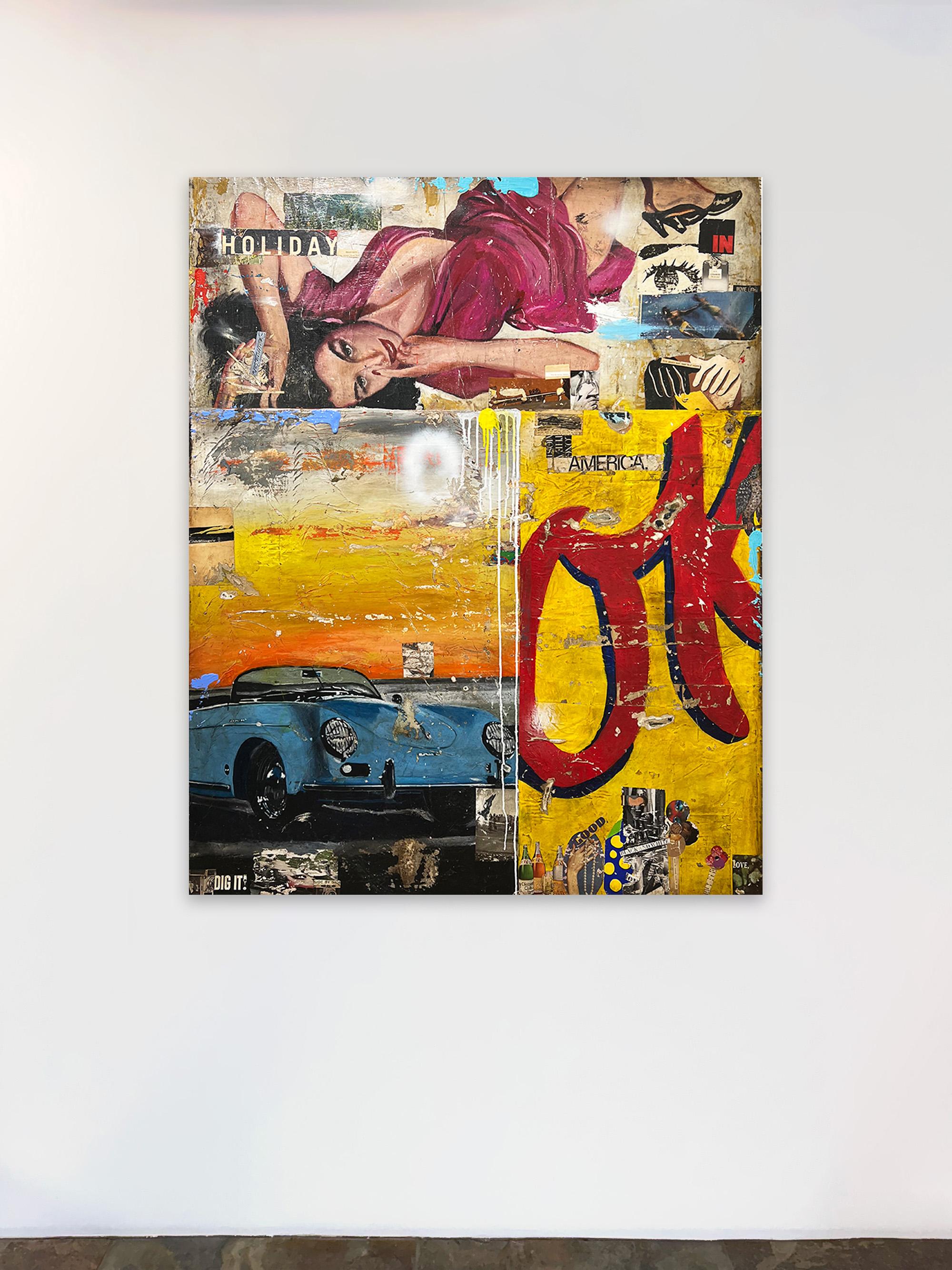 Figure féminine/Portrait_Vintage Car_ Text_Acrylique/Collage_OK_Greg Miller en vente 1