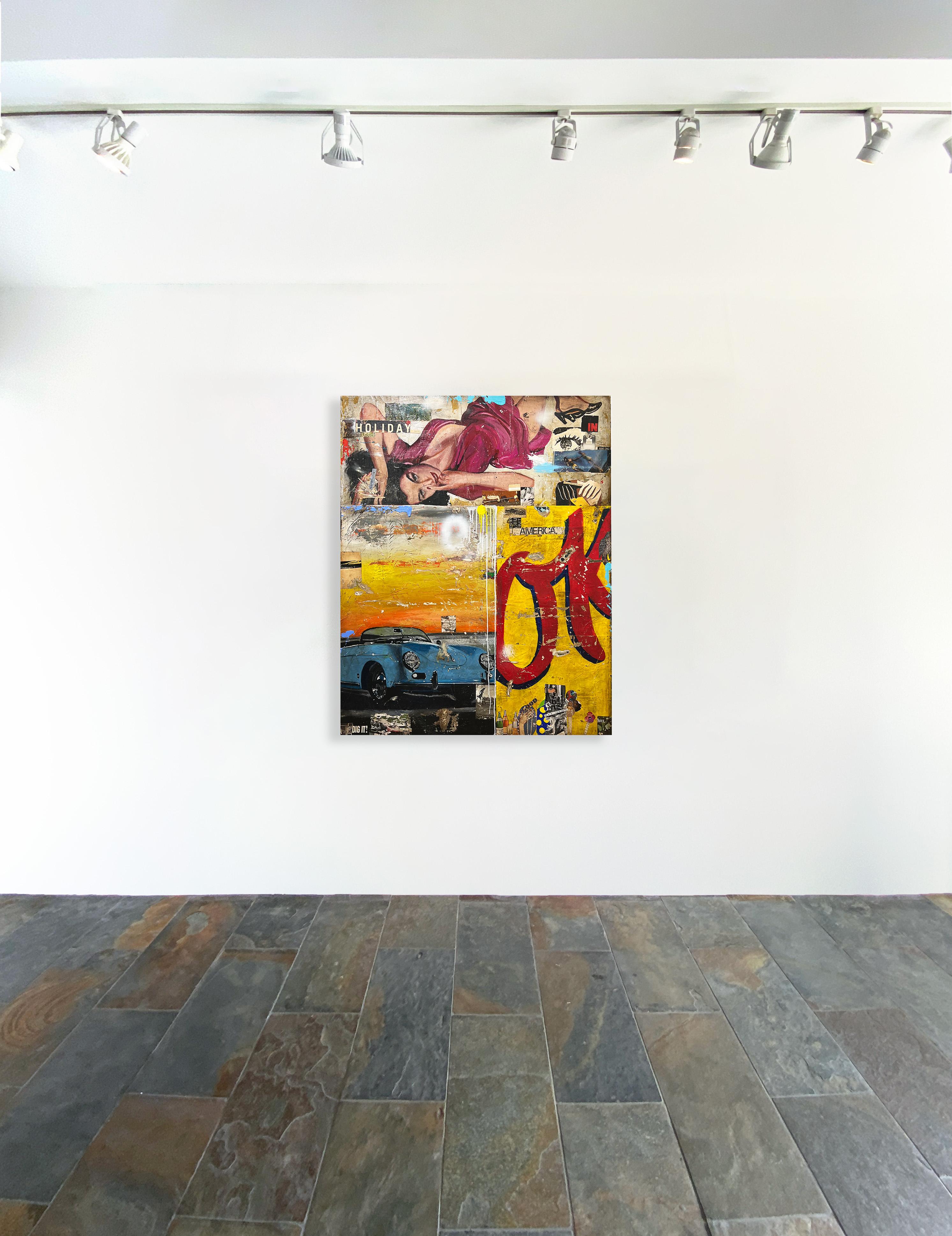 Figure féminine/Portrait_Vintage Car_ Text_Acrylique/Collage_OK_Greg Miller en vente 5