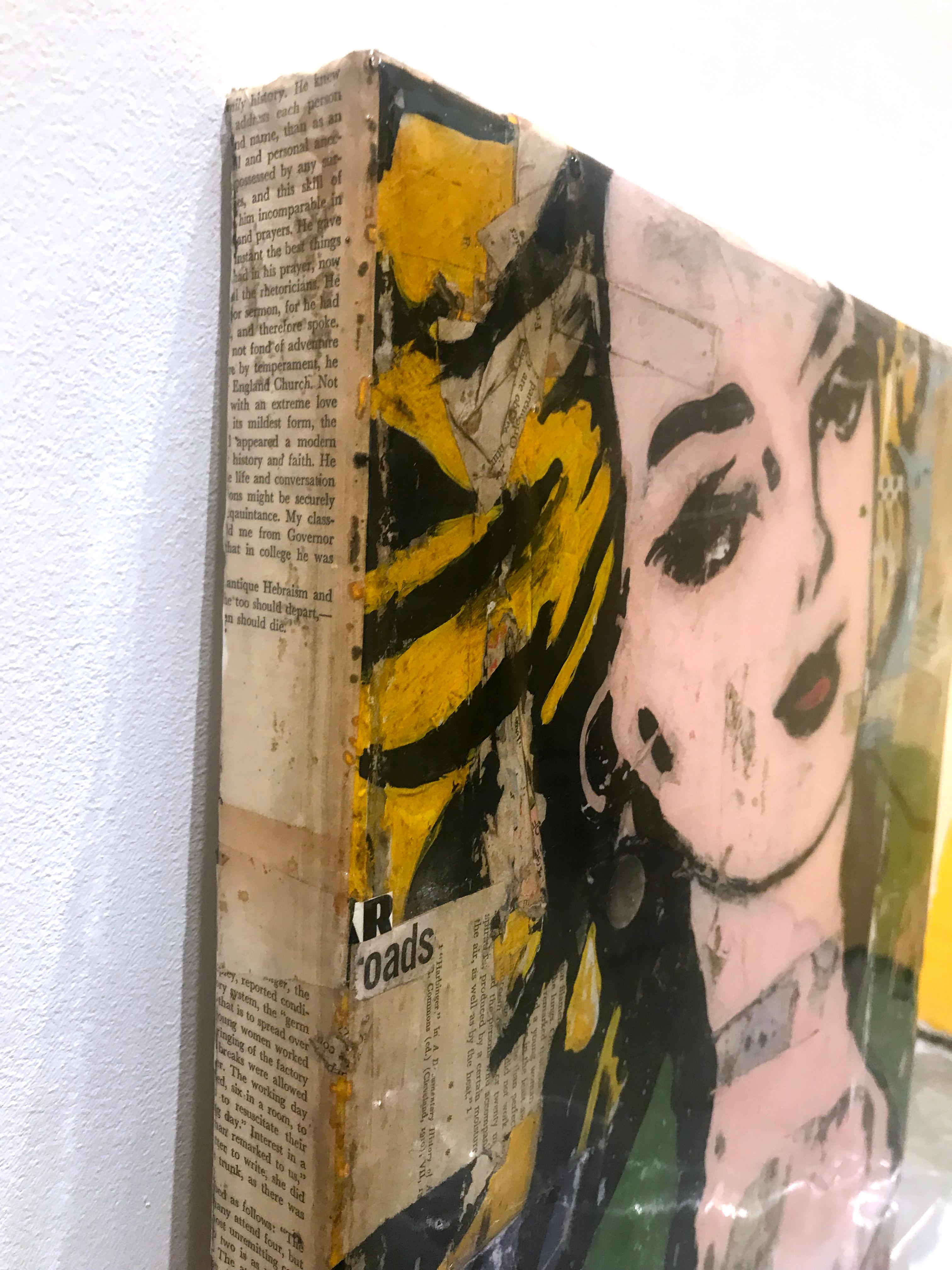 Greg Miller's abstracted backgrounds of drips, patterns, and phrases and the peeling back of layers provide a study in the impermanence of the things that surround us. Incorporating figurative elements, Miller paints a portrait of a blonde woman,