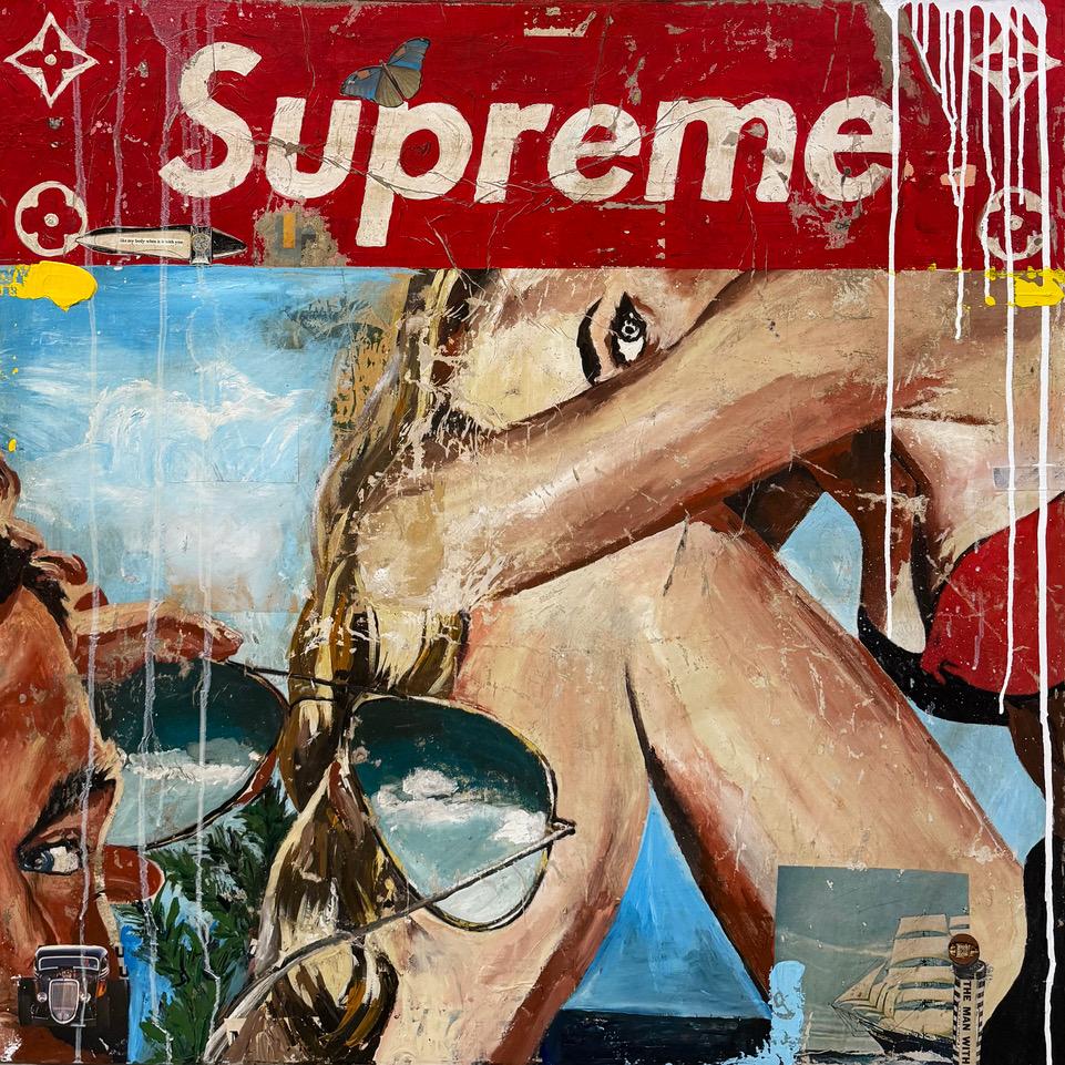 GREG MILLER
"Supreme" 
Acrylic, Collage on Canvas
36 x 36 in.

Drawing from the diverse cultural and geographic makeup of his Californian roots, Greg Miller explores his relationship with the space he inhabits to communicate a particular urban