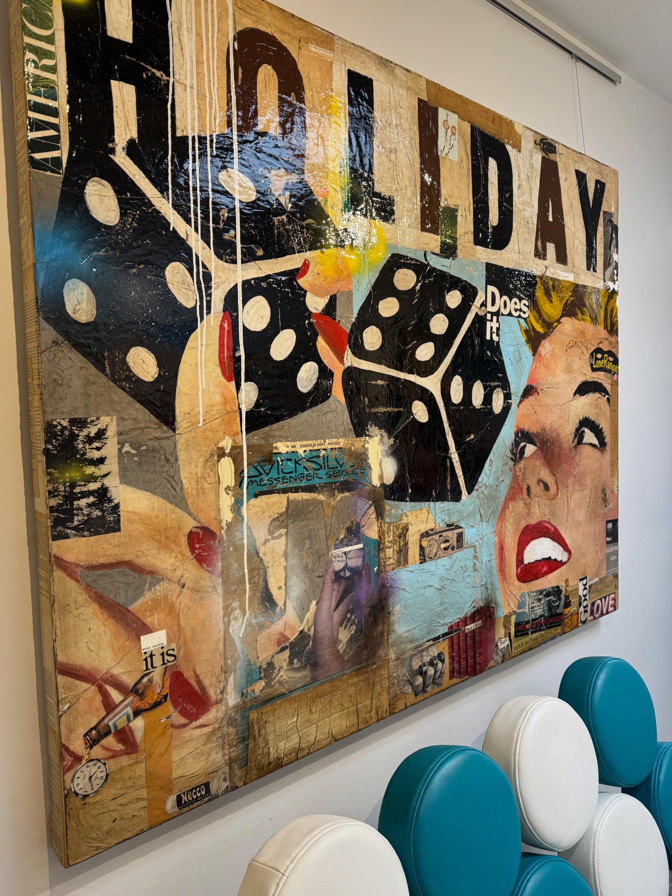 Mixed Media, Collage einer weiblichen Figur mit Text_Pop Art_Holiday von Greg Miller im Angebot 1