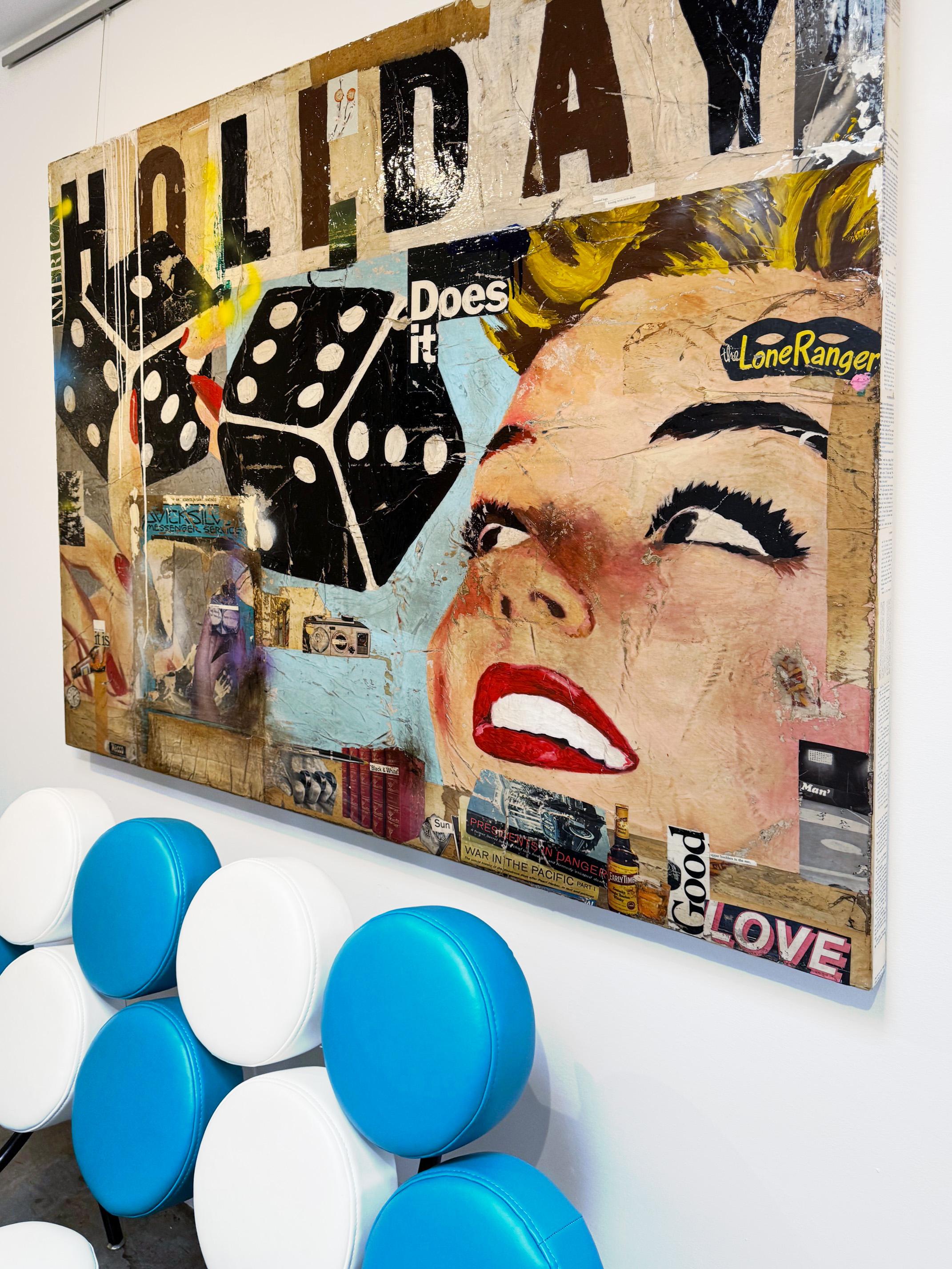 Tecnica mista, Collage di figura femminile con testo_Pop Art_Vacanze di Greg Miller in vendita 2