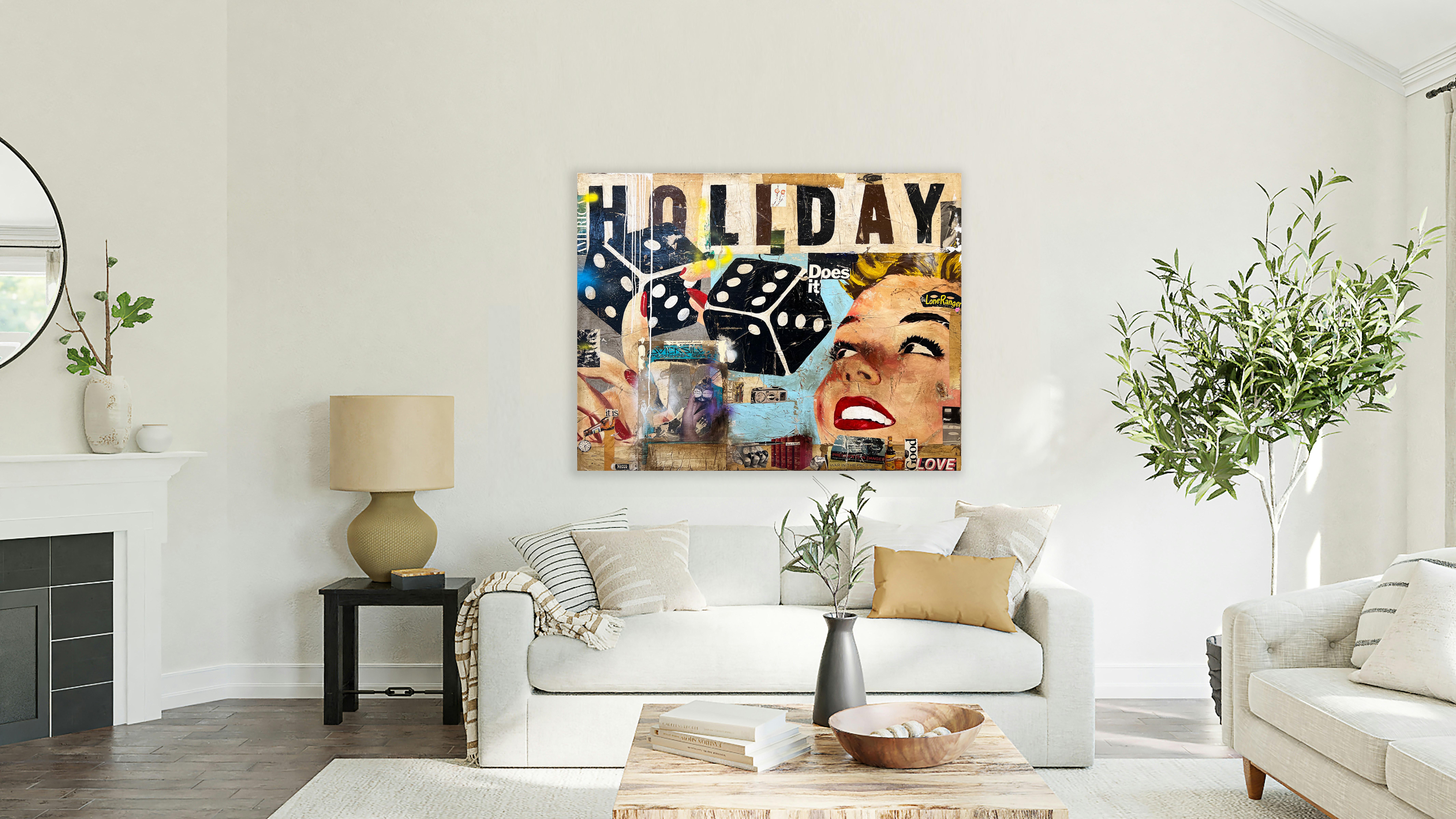 Tecnica mista, Collage di figura femminile con testo_Pop Art_Vacanze di Greg Miller in vendita 8