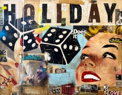 Técnica mixta, collage de figura femenina con texto_Pop Art_Holiday de Greg Miller