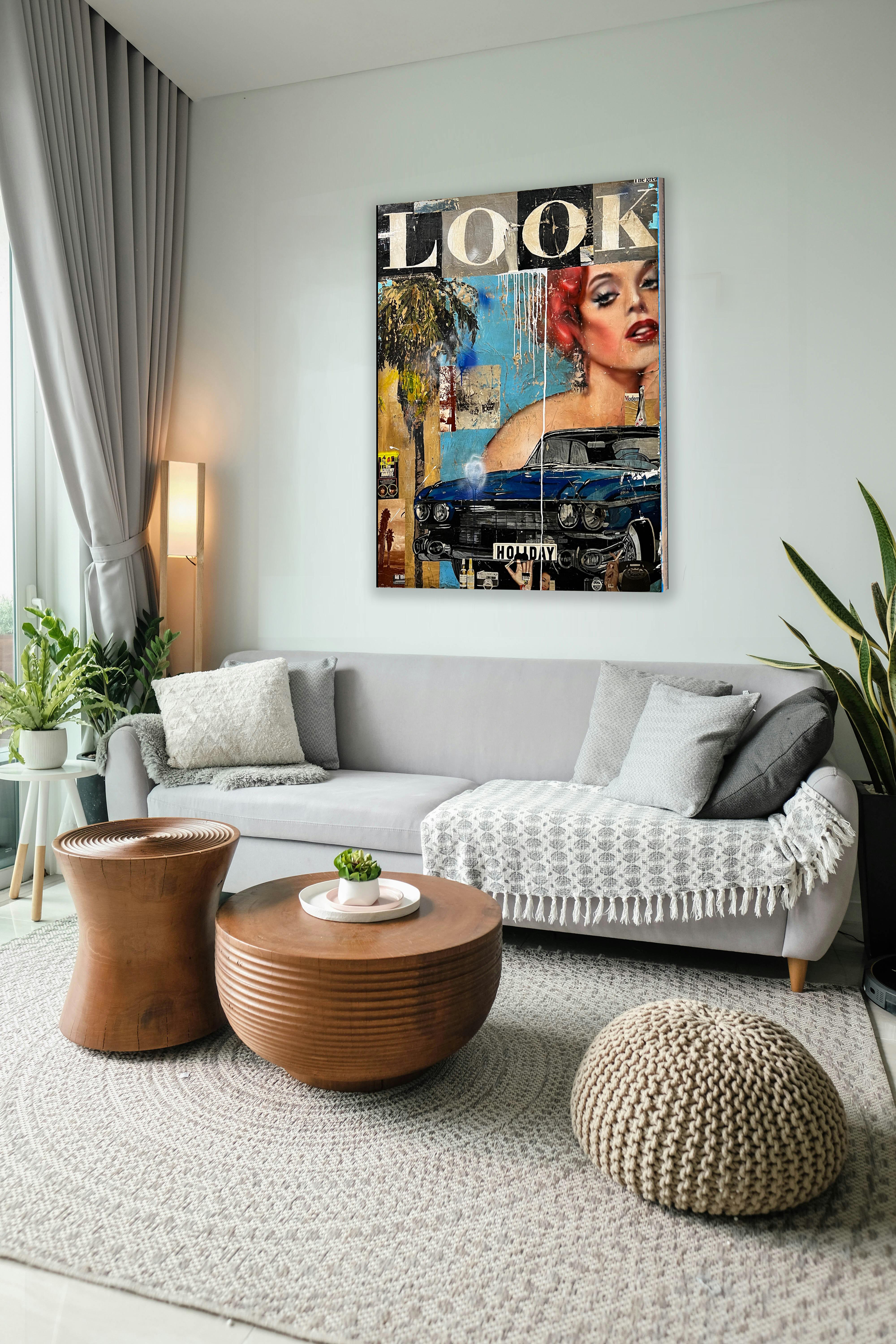 Tecnica mista, collage di figura femminile con testo_Pop Art_Look di Greg Miller in vendita 5