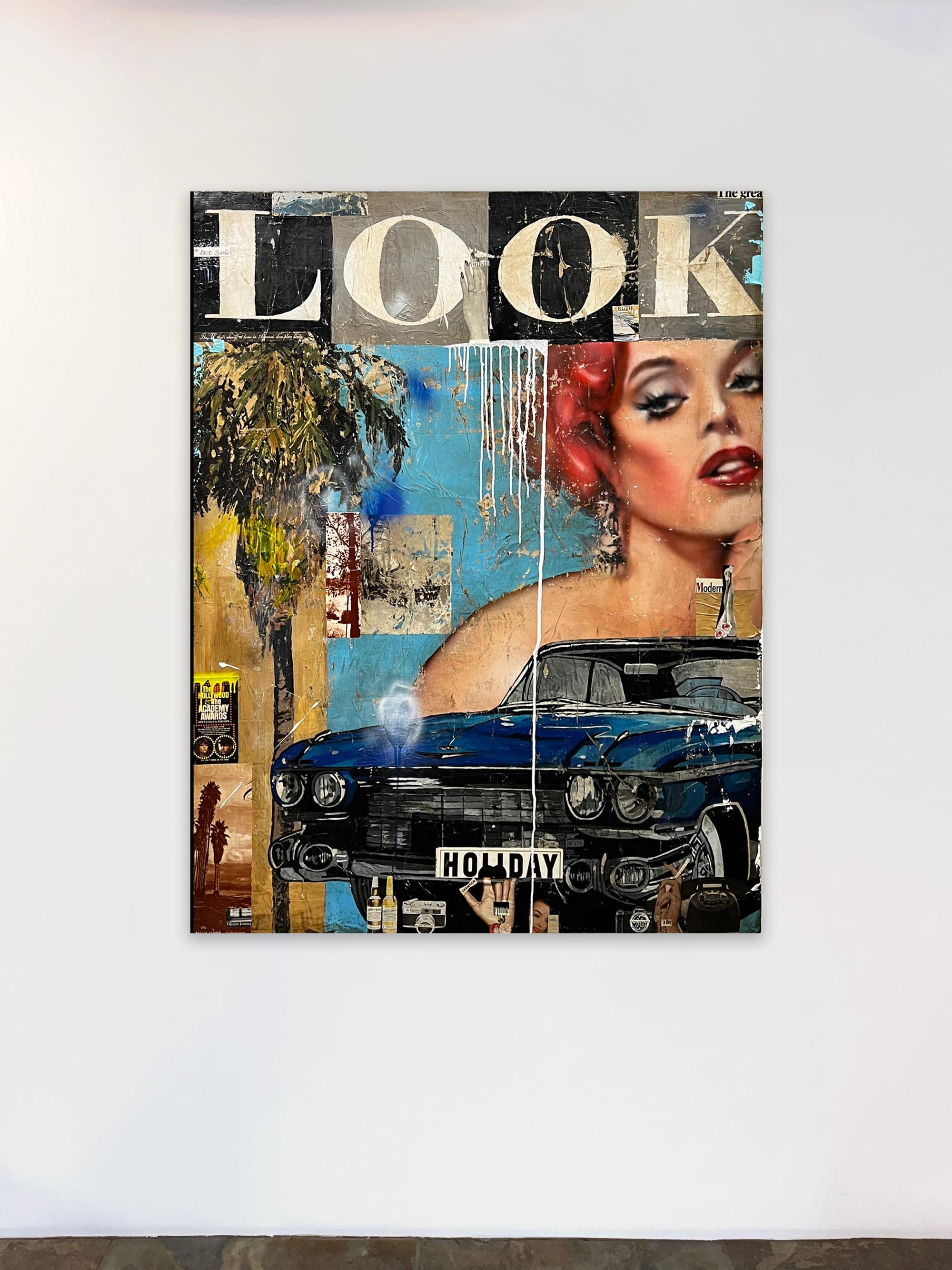 Técnica mixta, collage de figura femenina con texto_Pop Art_Look de Greg Miller en venta 1