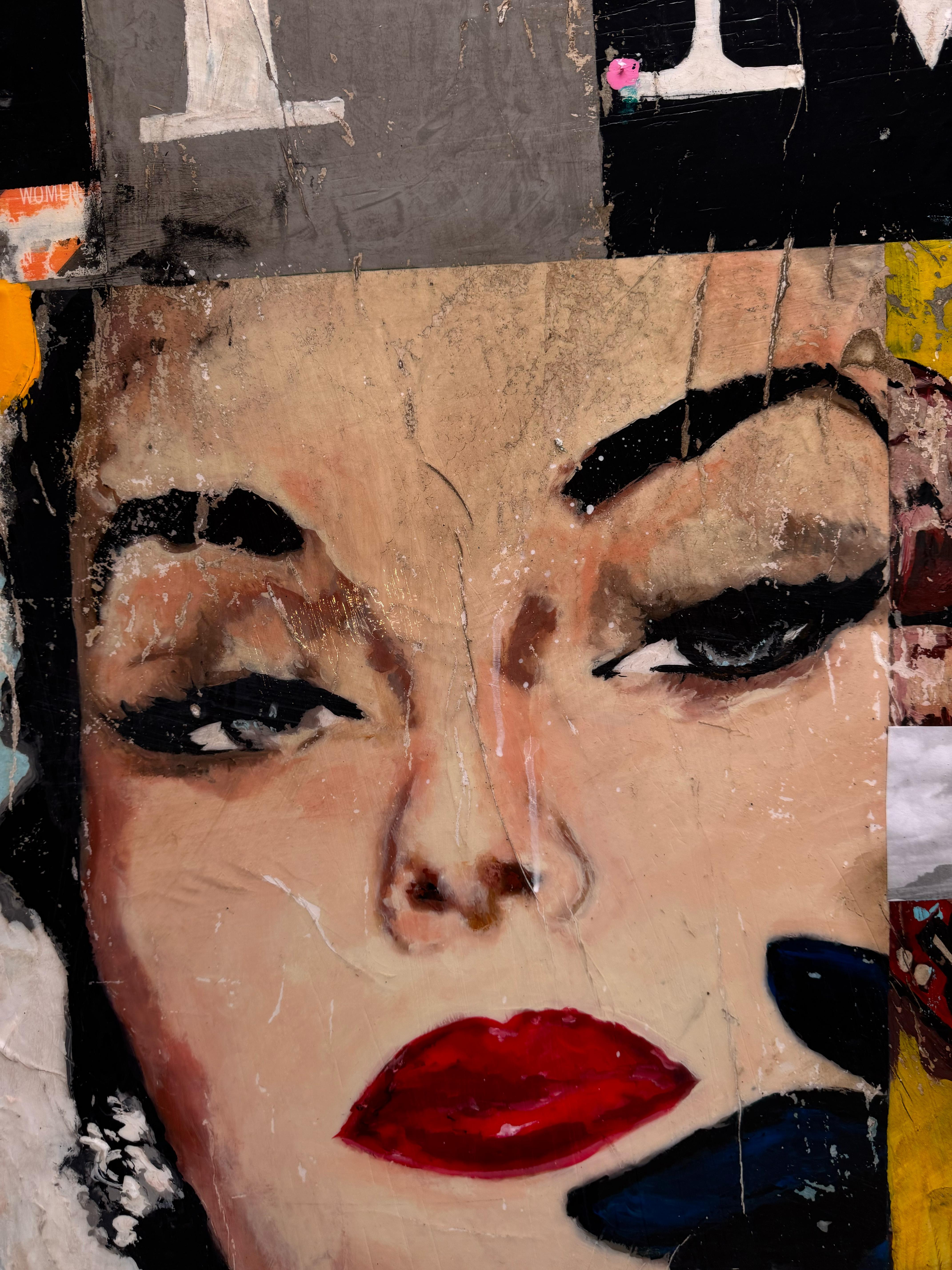 Technique mixte, Collage d'une figure féminine avec texte_Pop Art_Time de Greg Miller en vente 3