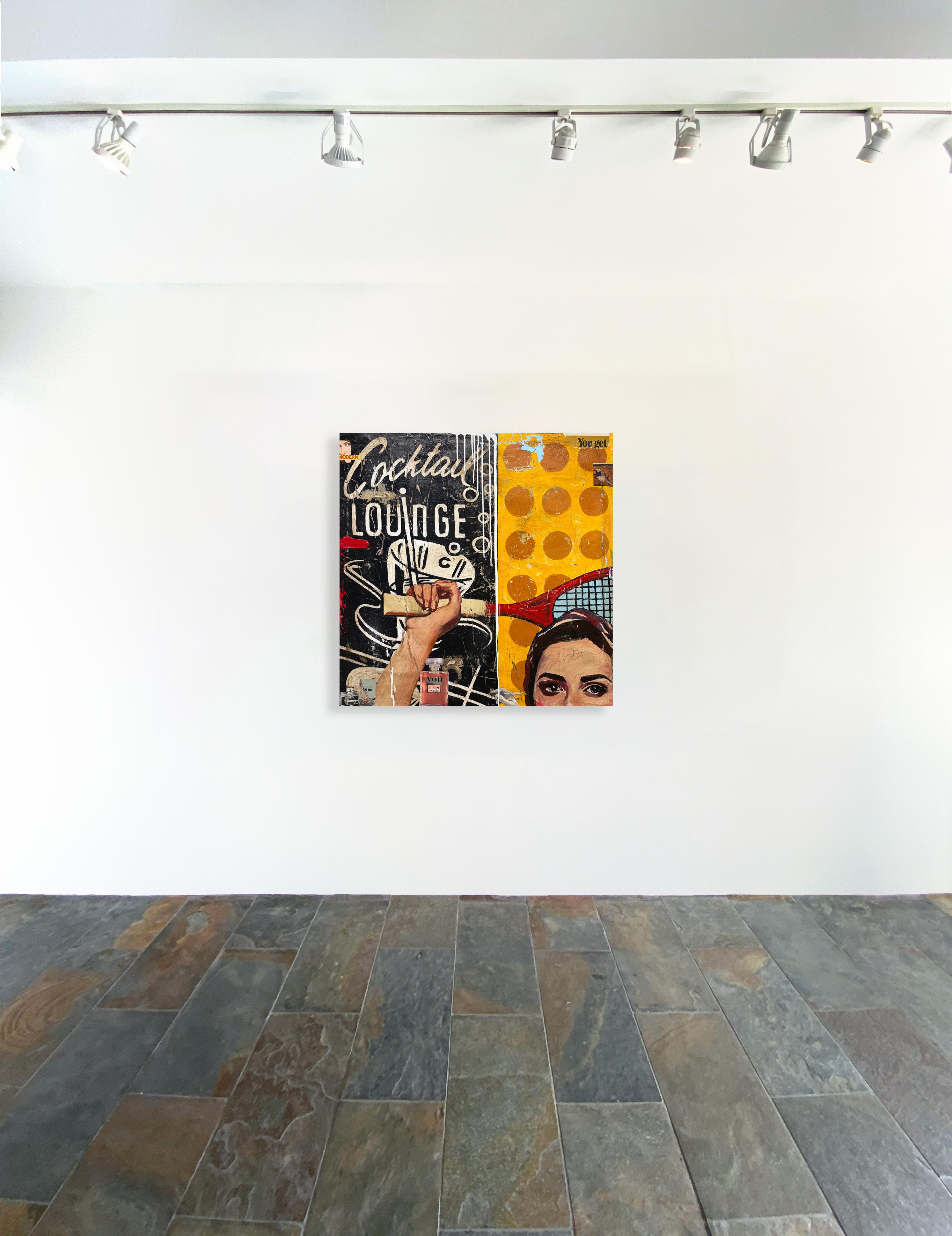 Mixed Media, Collage, Portrait w/ Text, Pop Art, Cocktail Lounge by Greg Miller For Sale 1