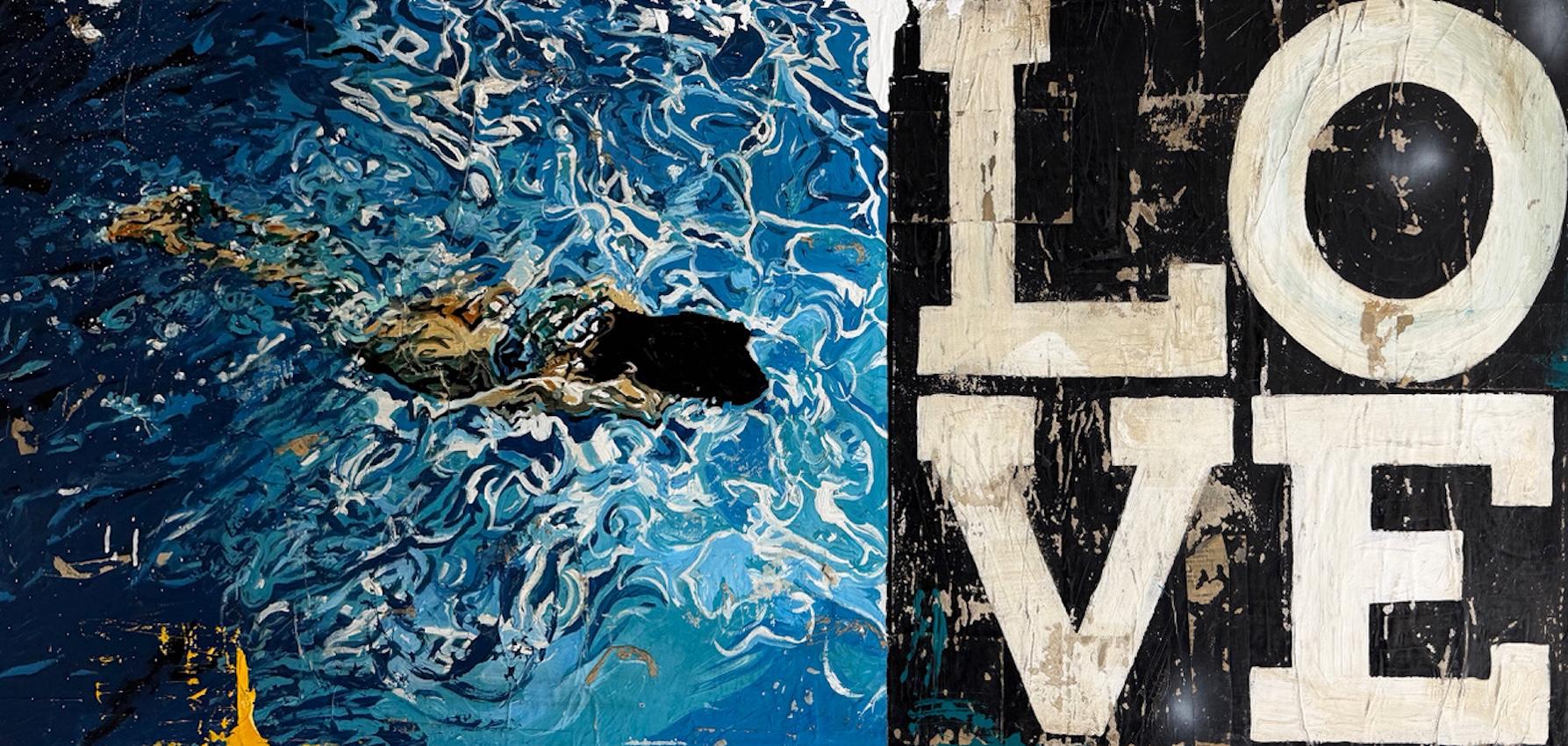 Gemischte Medien, Collage, Schwimmer, Text, Blau, Pop Art, Liebesschwimmer von Greg Miller