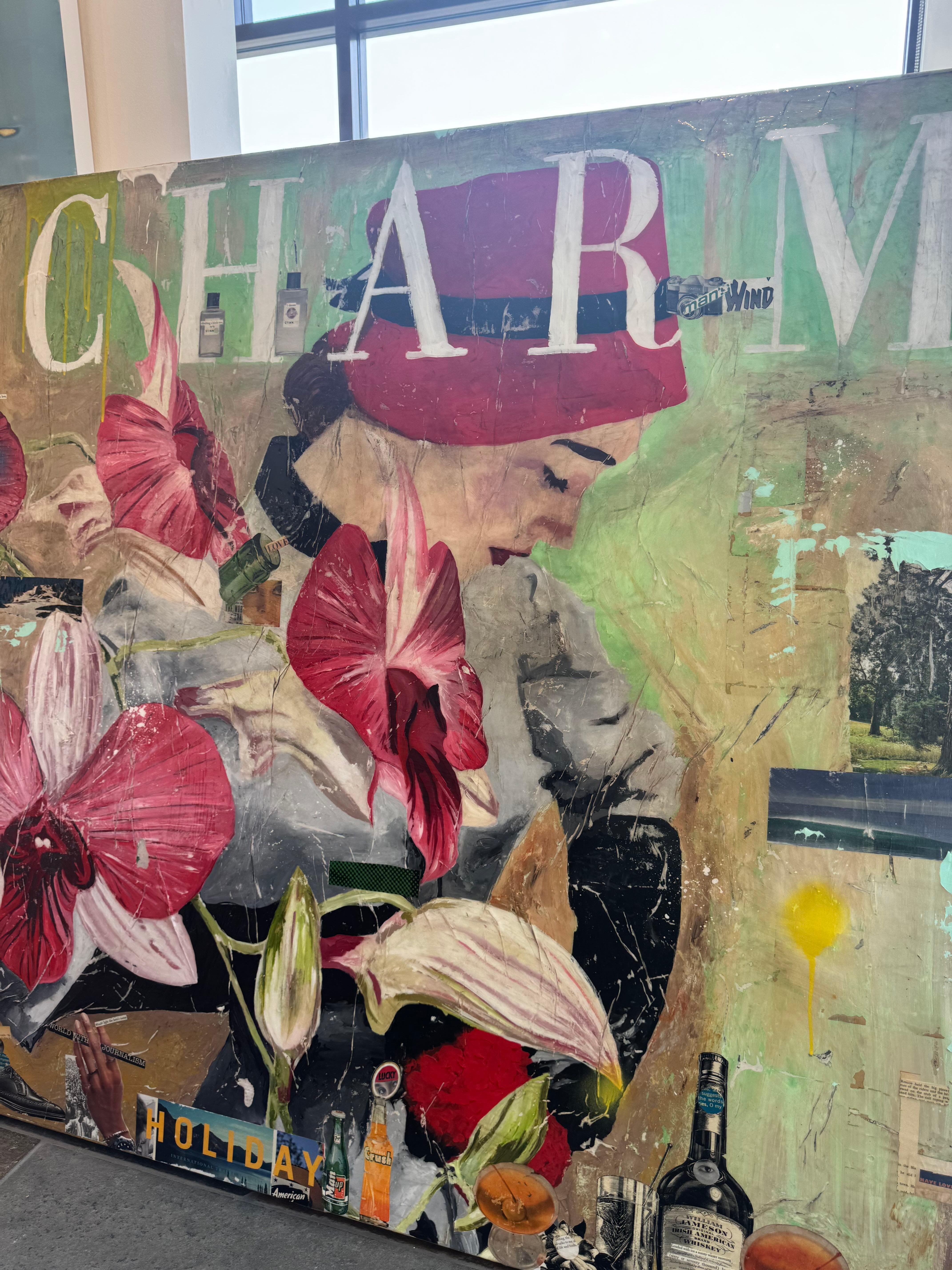 Técnica mixta, collage pop art de figura femenina con orquídea_floral_Greg Miller en venta 5