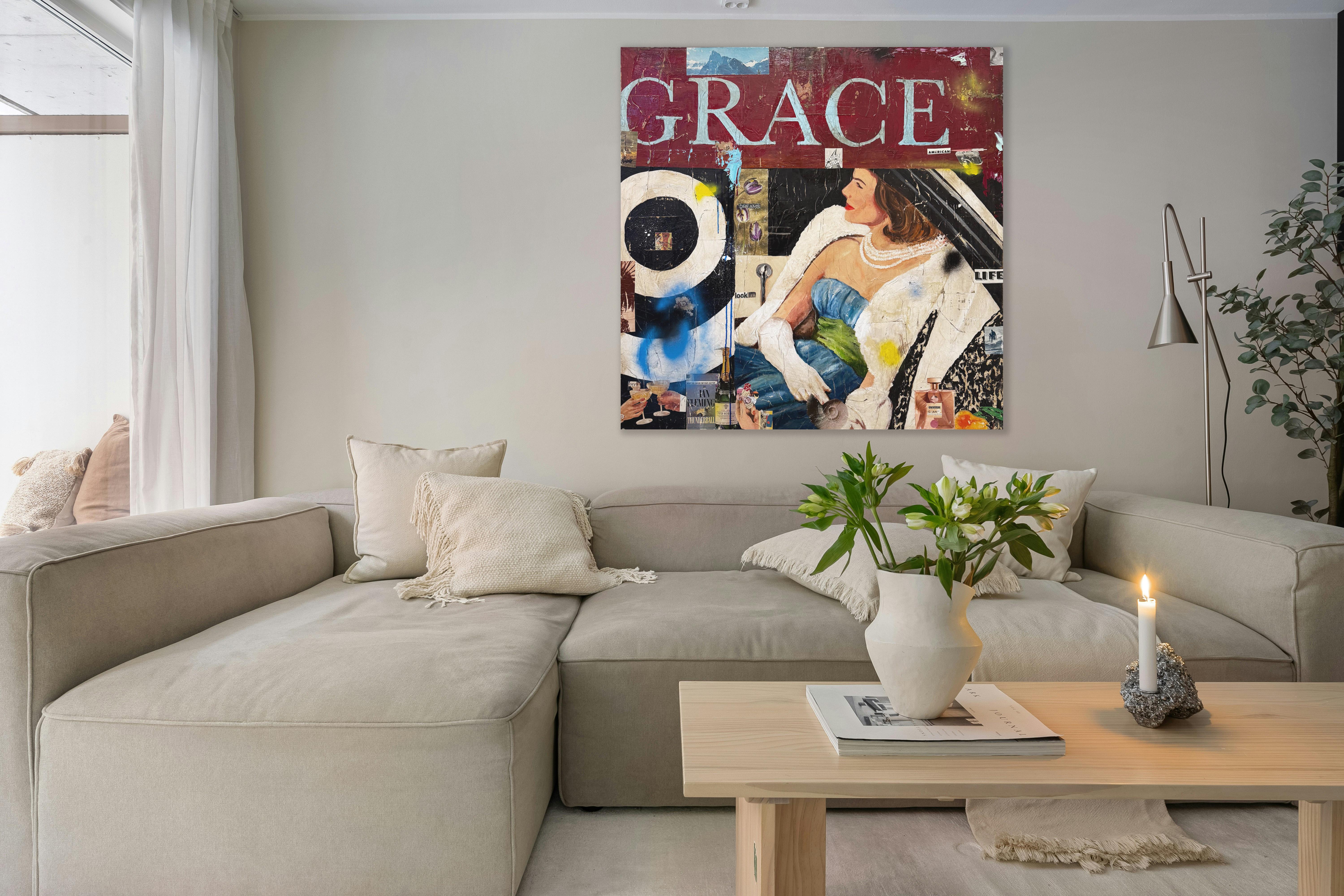 Technique mixte, Pop Art Collage d'une figure féminine avec texte_Grace_Greg Miller en vente 1