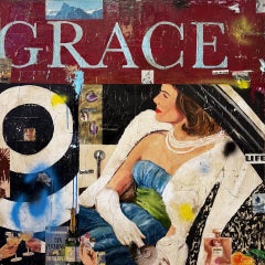 Técnica mixta, collage pop art de figura femenina con texto_Grace_Greg Miller