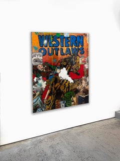Mixed Media, Pop Art Collage, Text, Female on Horse_Western Outlaws_Greg Miller