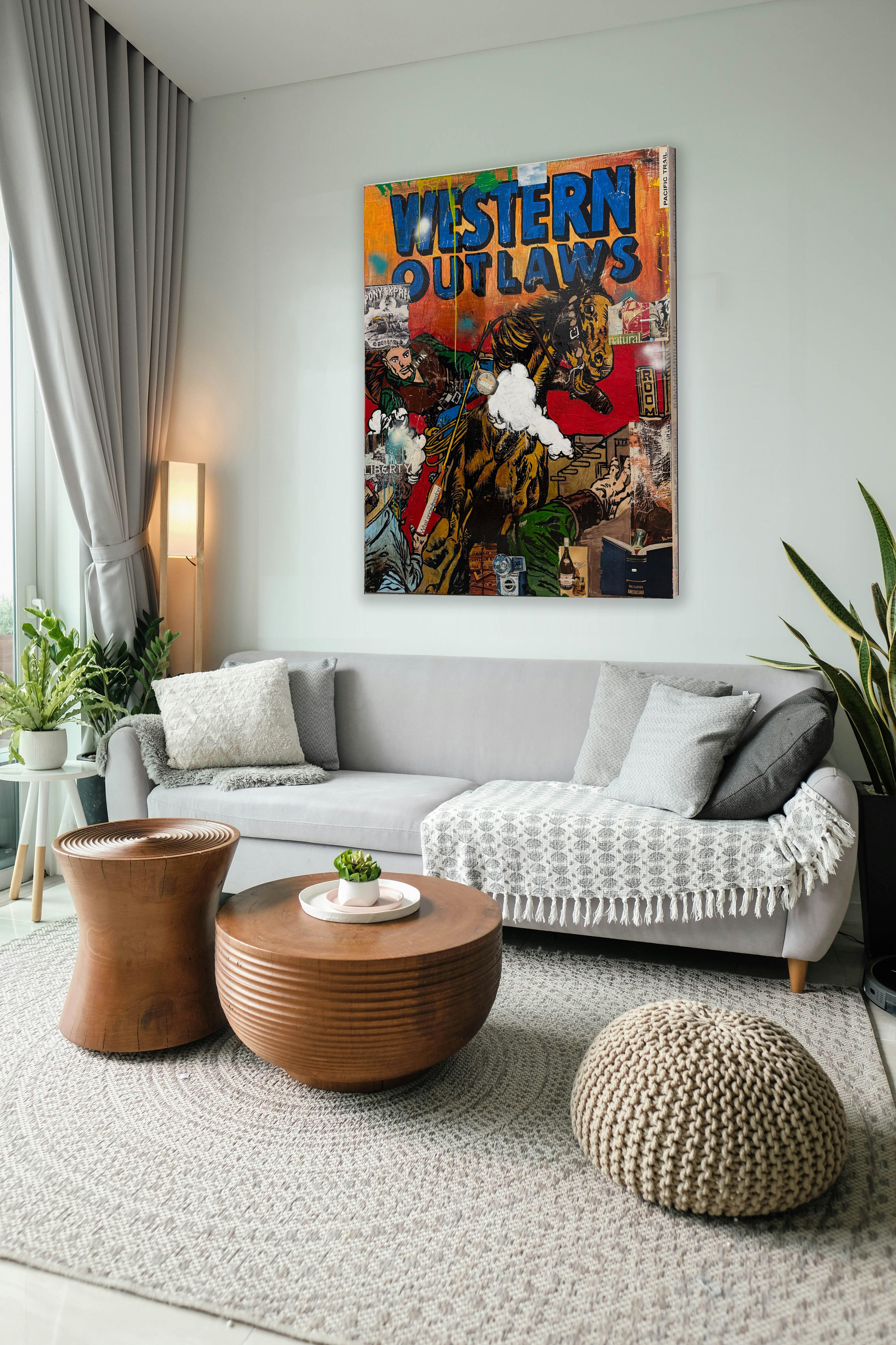 Tecnica mista, collage pop art, testo, donna a cavallo_Western Outlaws_Greg Miller in vendita 3