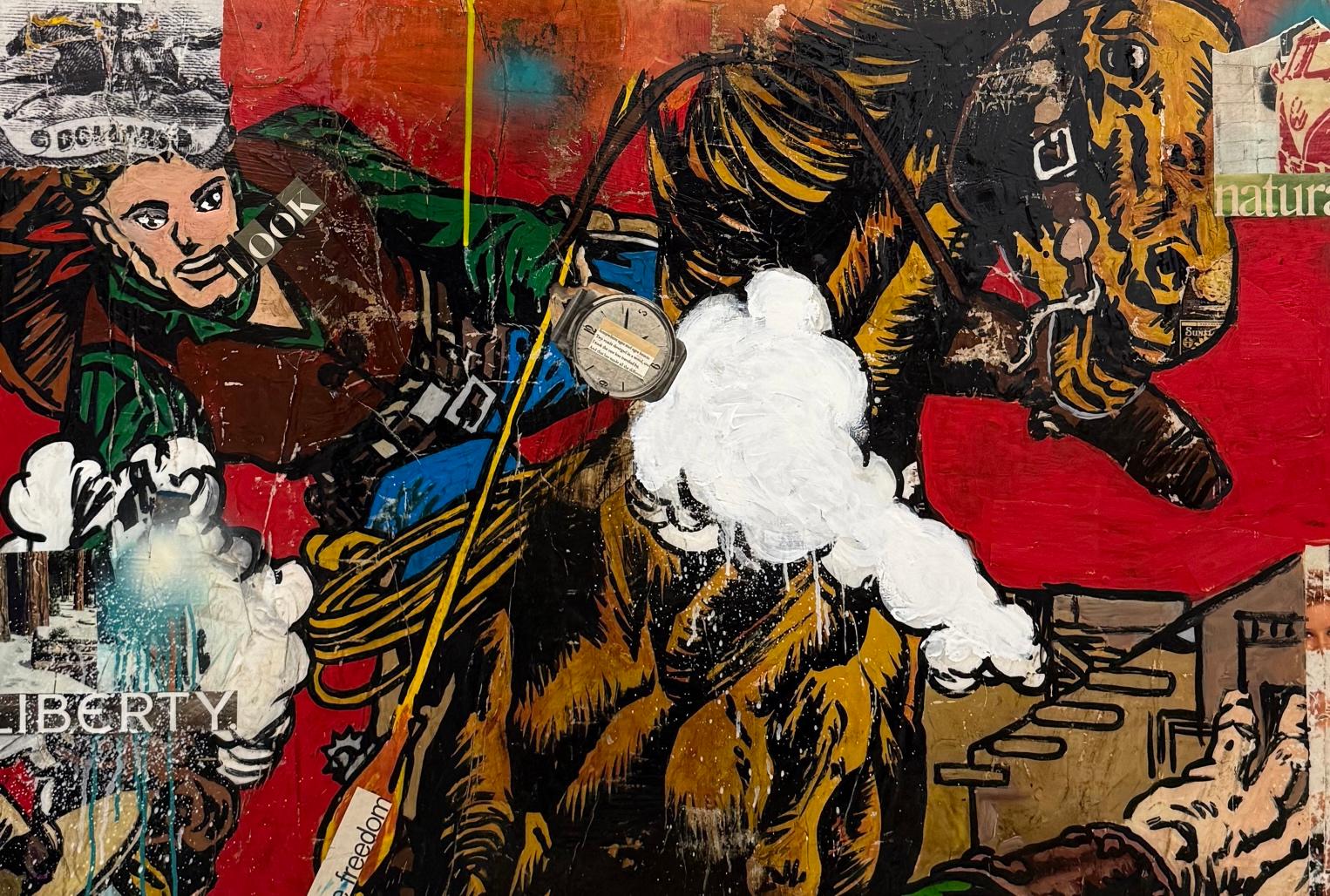 Tecnica mista, collage pop art, testo, donna a cavallo_Western Outlaws_Greg Miller in vendita 4