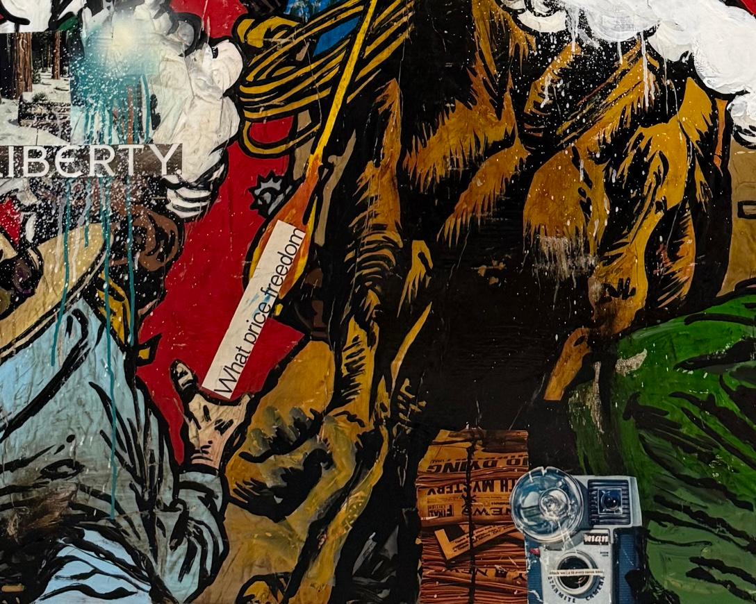 Tecnica mista, collage pop art, testo, donna a cavallo_Western Outlaws_Greg Miller in vendita 5