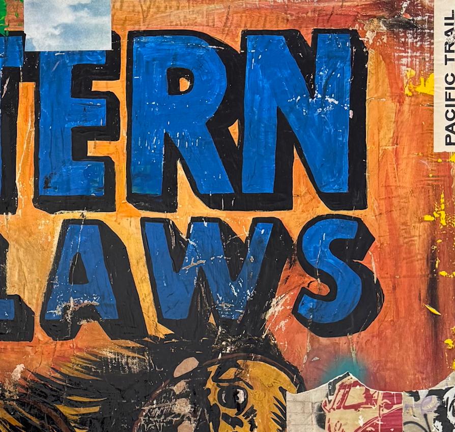 Tecnica mista, collage pop art, testo, donna a cavallo_Western Outlaws_Greg Miller in vendita 6