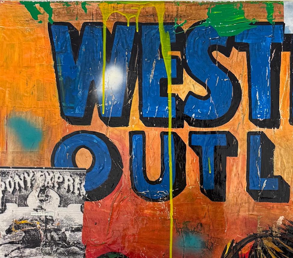 Tecnica mista, collage pop art, testo, donna a cavallo_Western Outlaws_Greg Miller in vendita 7