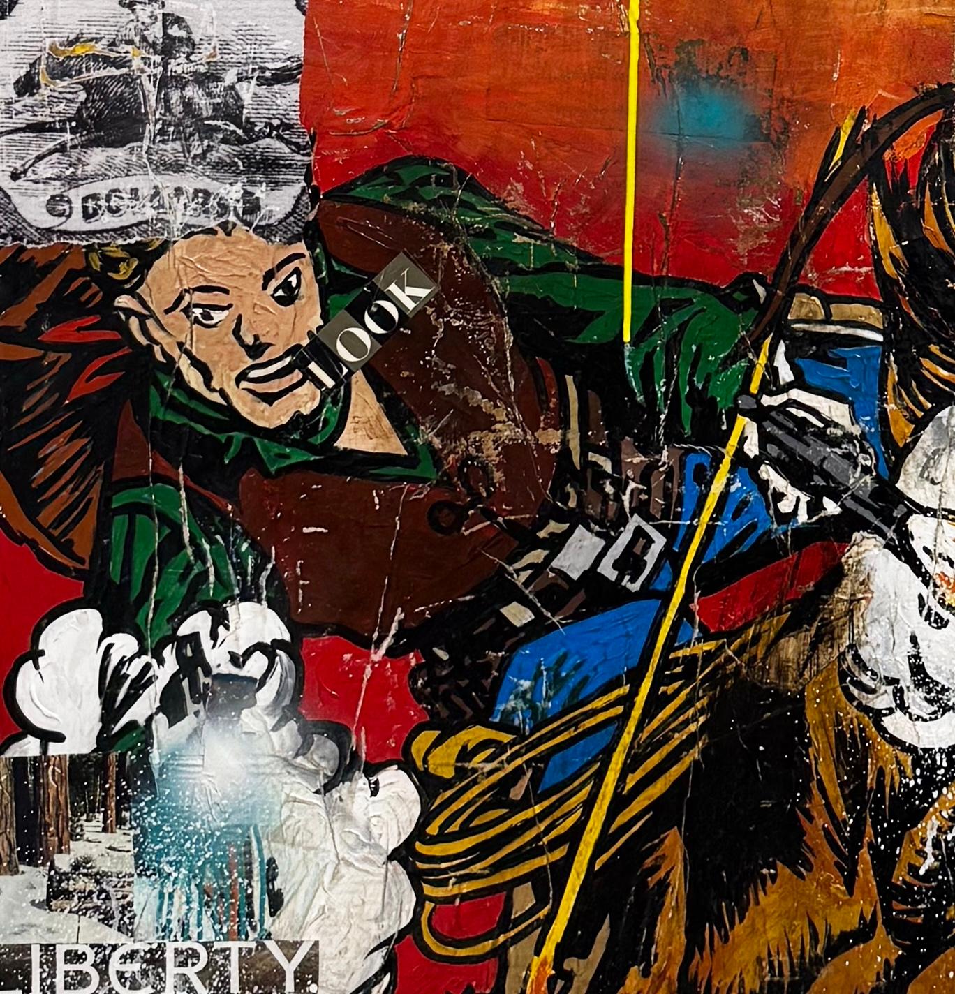 Tecnica mista, collage pop art, testo, Supereroe femminile_Western_Greg Miller in vendita 1