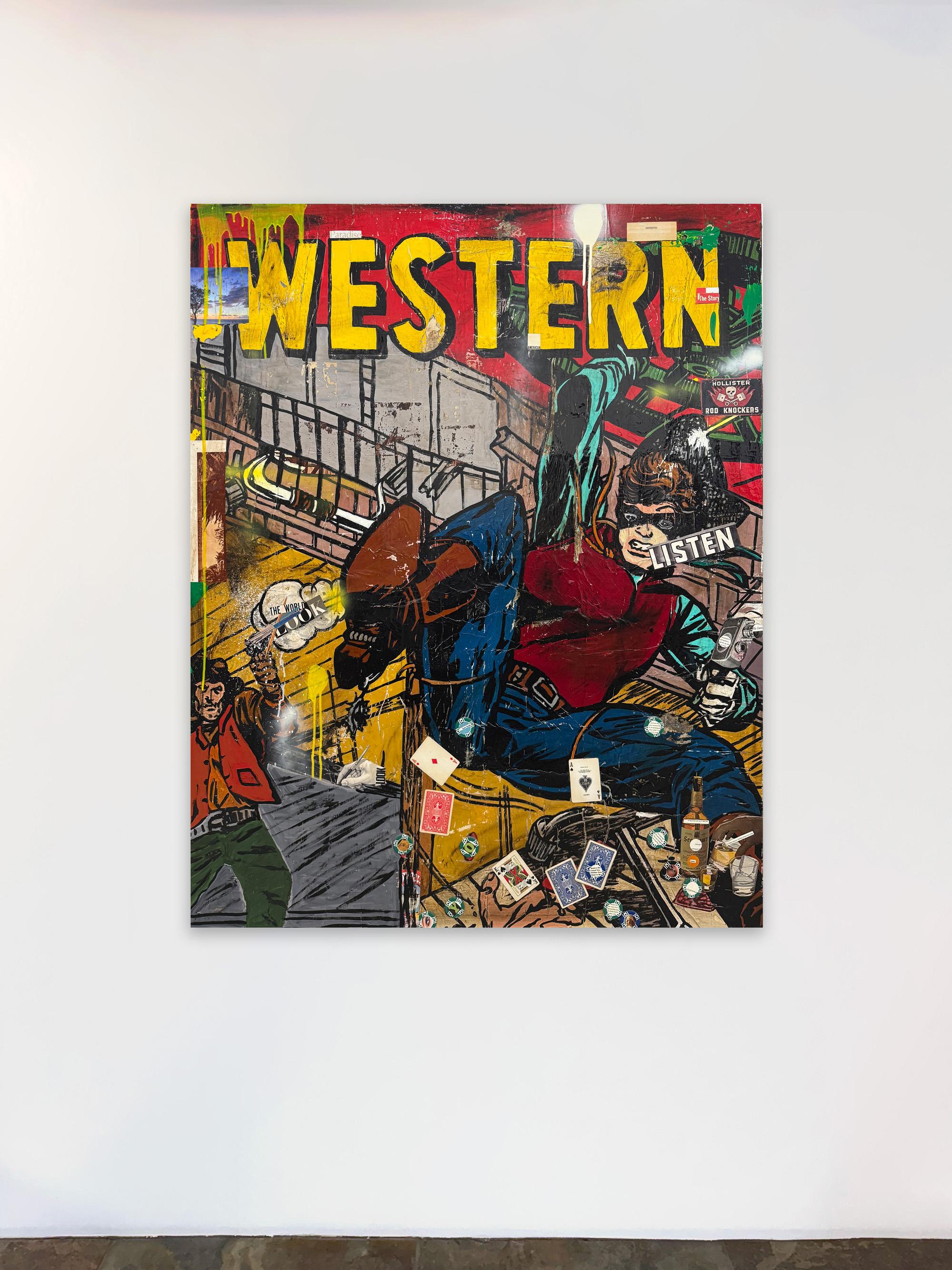 Técnica mixta, collage pop art, texto, superheroína_Western_Greg Miller en venta 1