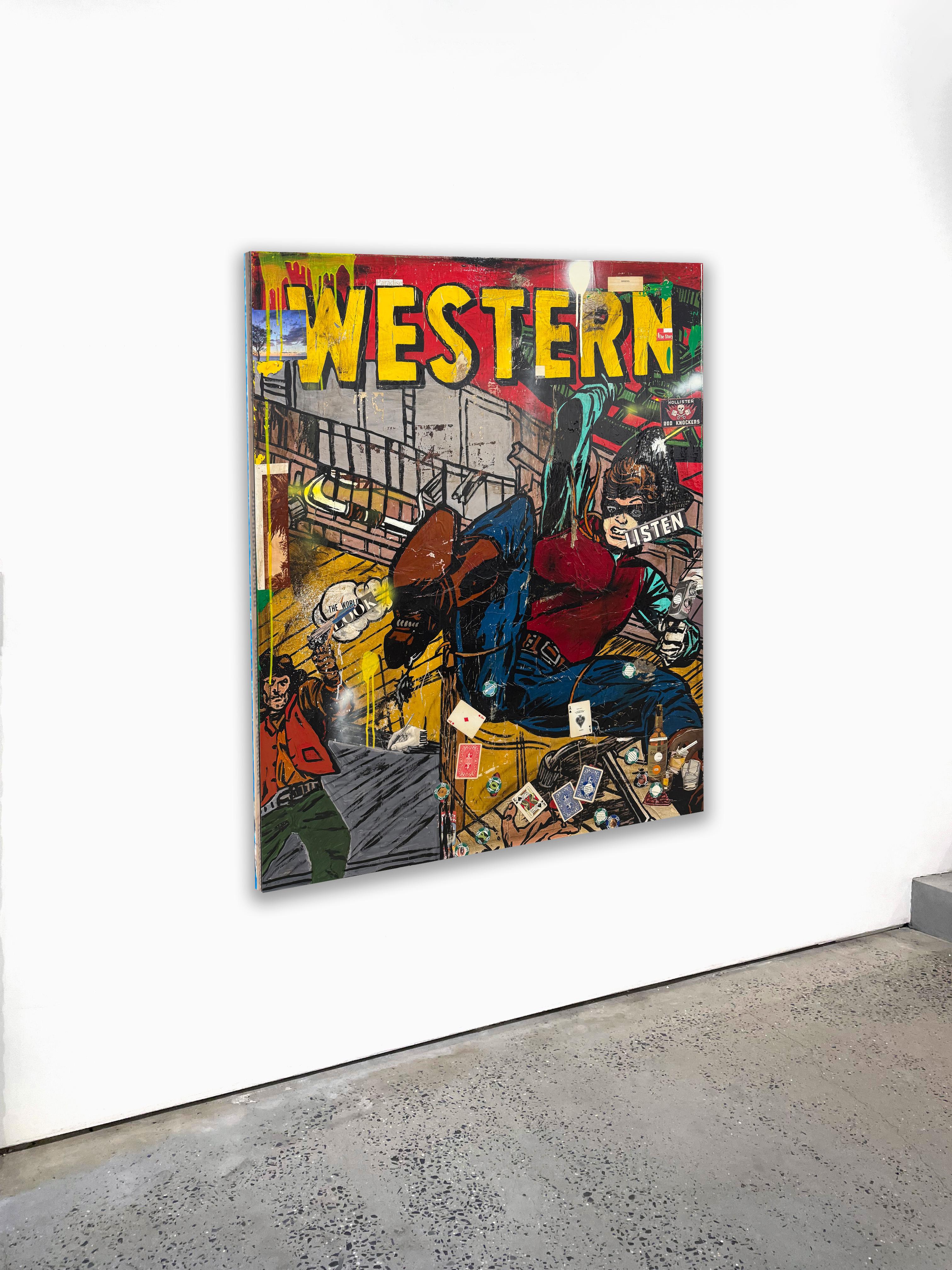 Técnica mixta, collage pop art, texto, superheroína_Western_Greg Miller en venta 2