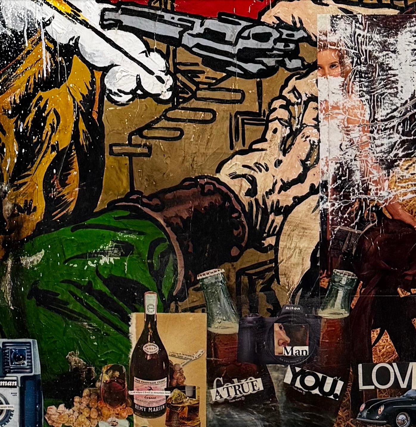 Tecnica mista, collage pop art, testo, Supereroe femminile_Western_Greg Miller in vendita 3