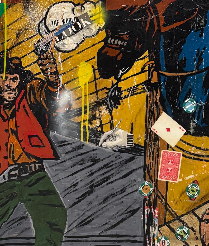 Técnica mixta, collage pop art, texto, superheroína_Western_Greg Miller en venta 7