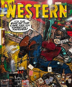 Técnica mixta, collage pop art, texto, superheroína_Western_Greg Miller