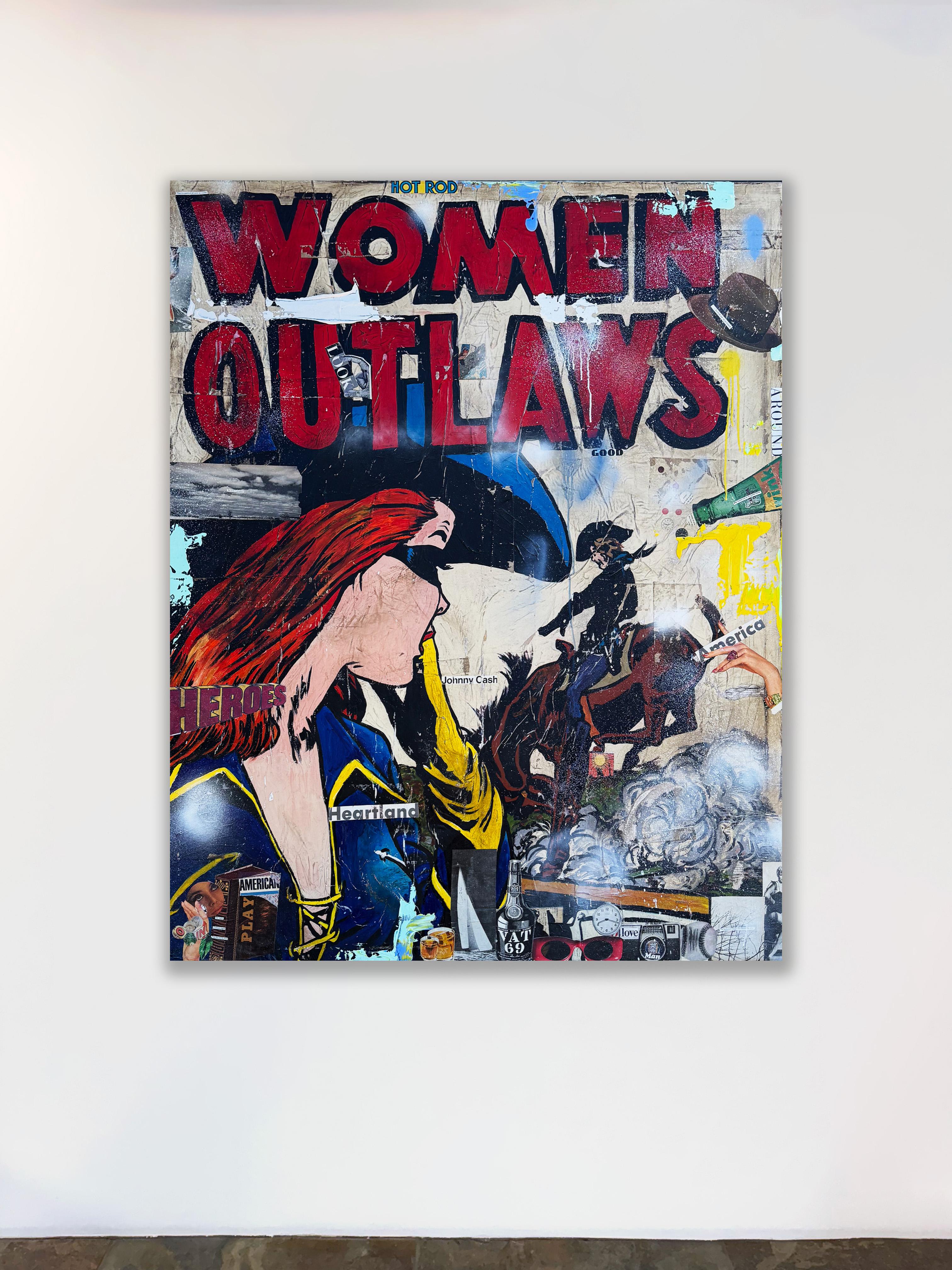 Tecnica mista, collage pop art, testo, western femminile, donna fuorilegge di Greg Miller in vendita 1