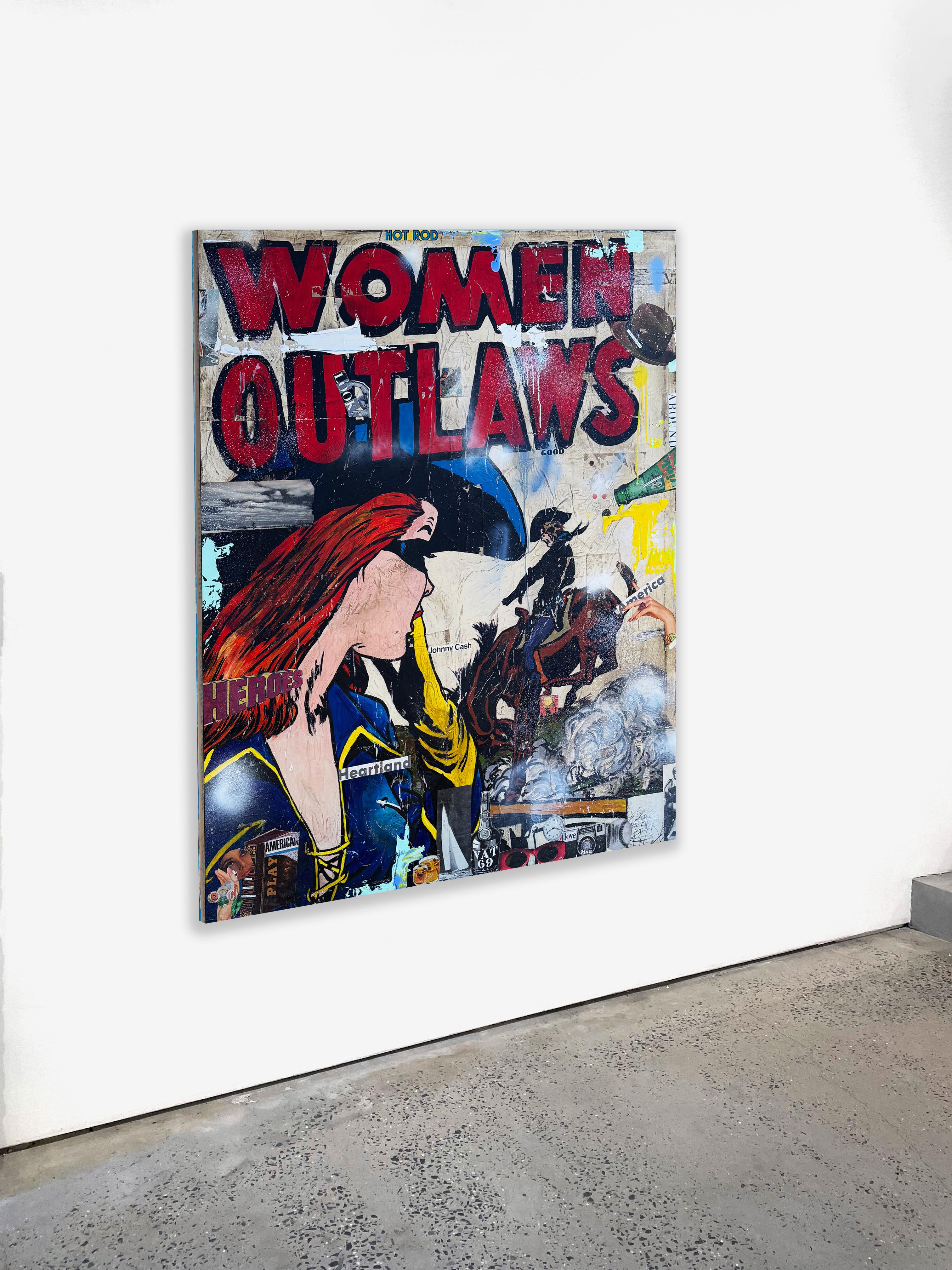 Tecnica mista, collage pop art, testo, western femminile, donna fuorilegge di Greg Miller in vendita 2