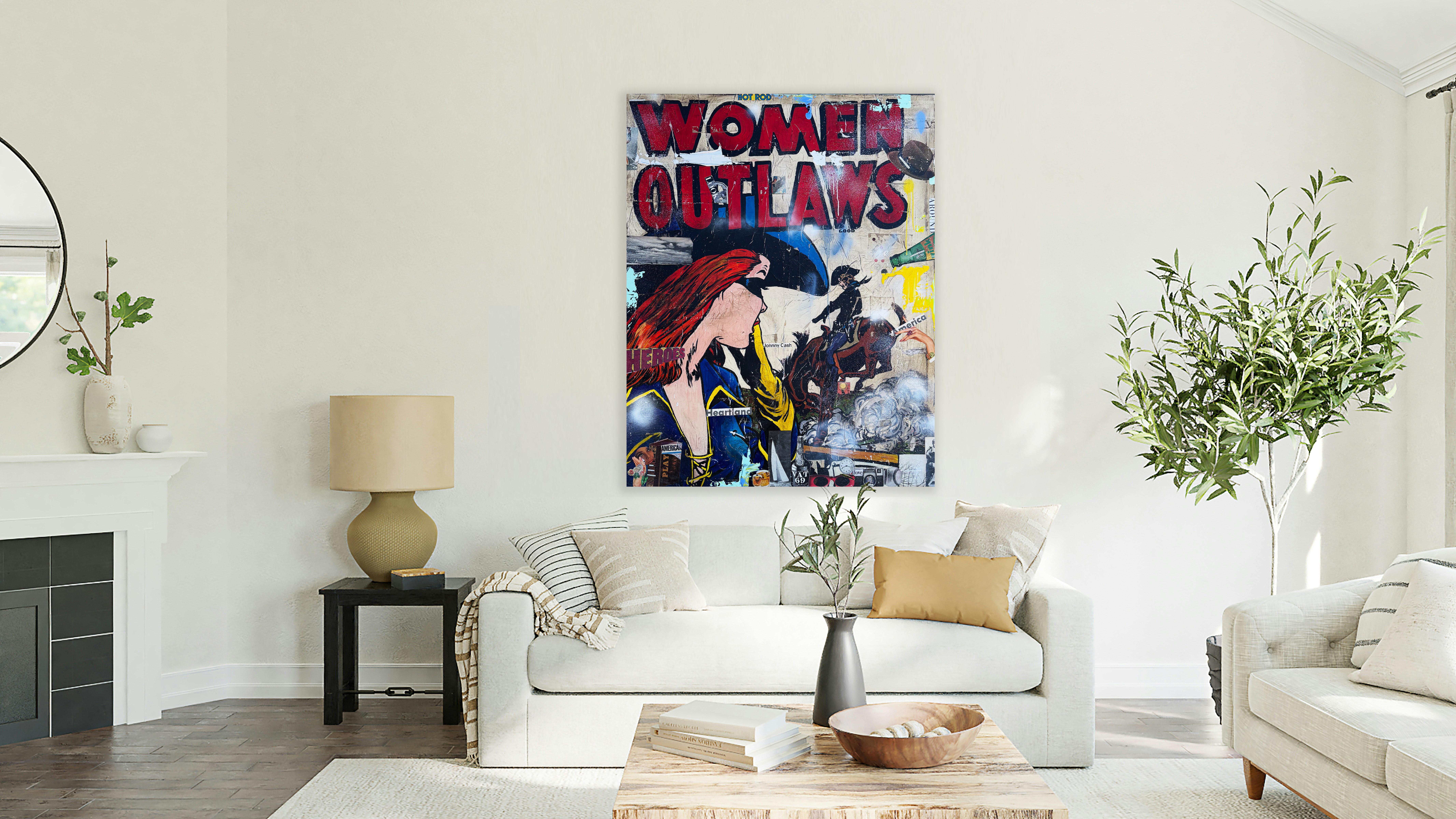 Tecnica mista, collage pop art, testo, western femminile, donna fuorilegge di Greg Miller in vendita 3