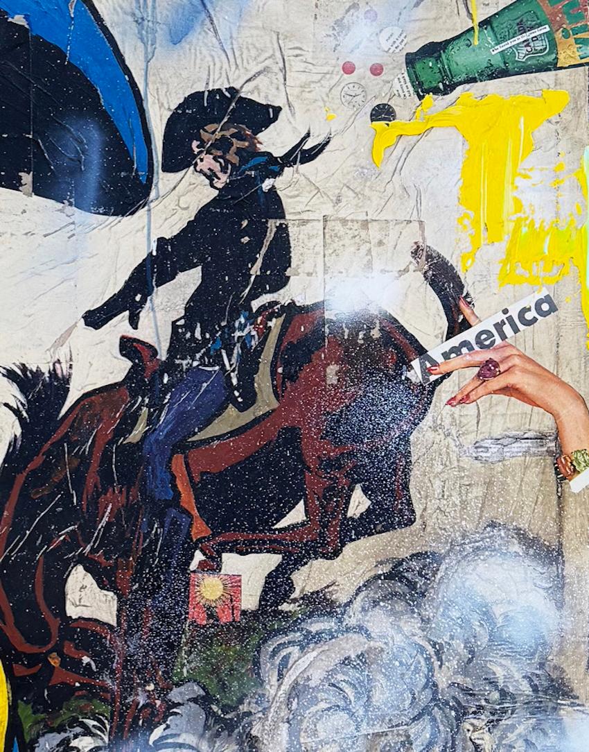 Tecnica mista, collage pop art, testo, western femminile, donna fuorilegge di Greg Miller in vendita 7