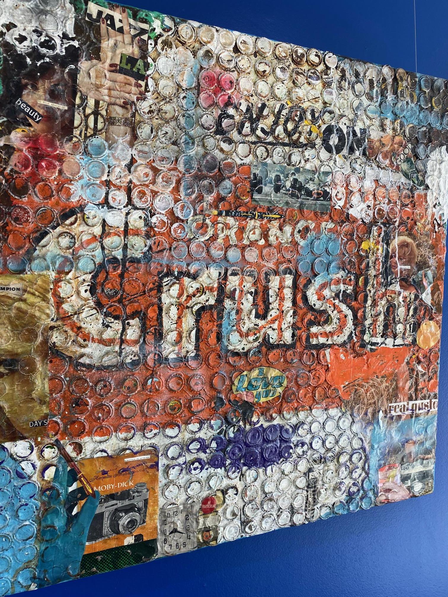 Orange Crush, Greg Miller, 2020, Acrylic/Mixed Media/Bottle Caps on Panel_Text 2