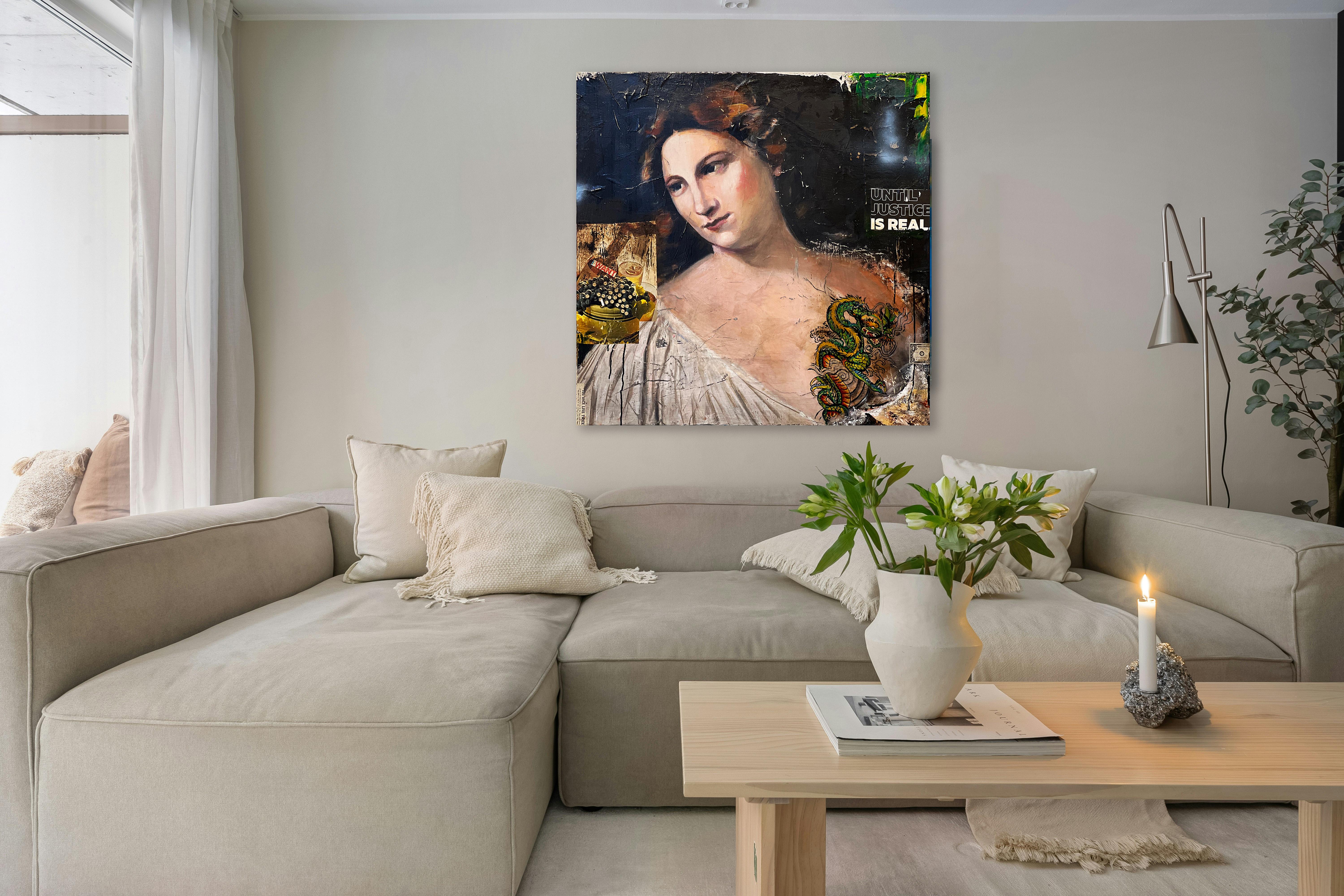 Real (Titian)_Greg Miller_Acrylic/Collage/Canvas_Figurative_Portrait_Text For Sale 4