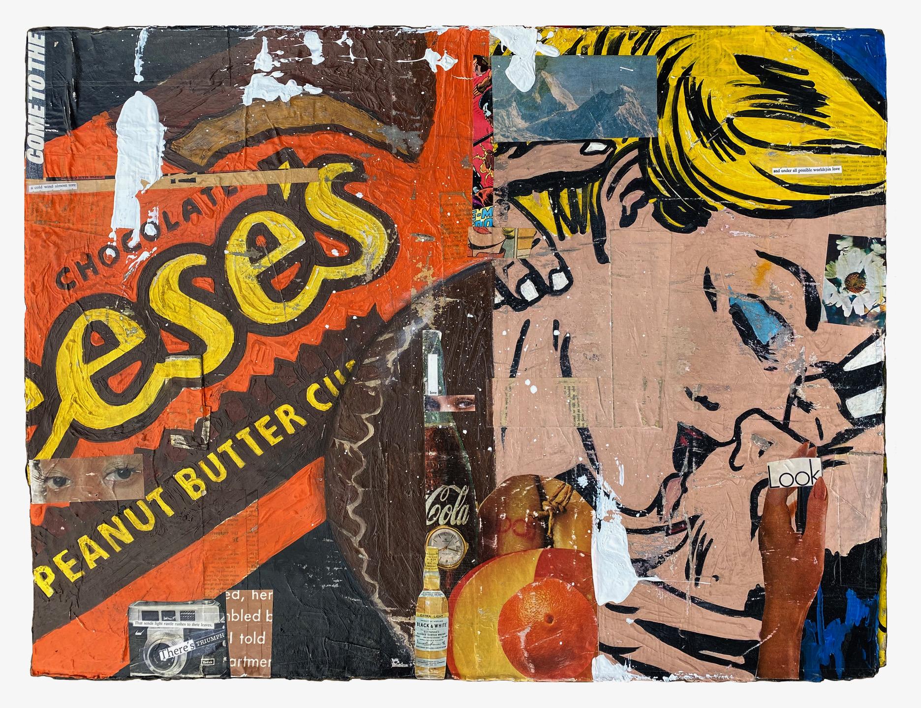 Reeses_Greg Miller, 2021, Acrylic/Collage/Paper (Text, Pop Art, Figurative)