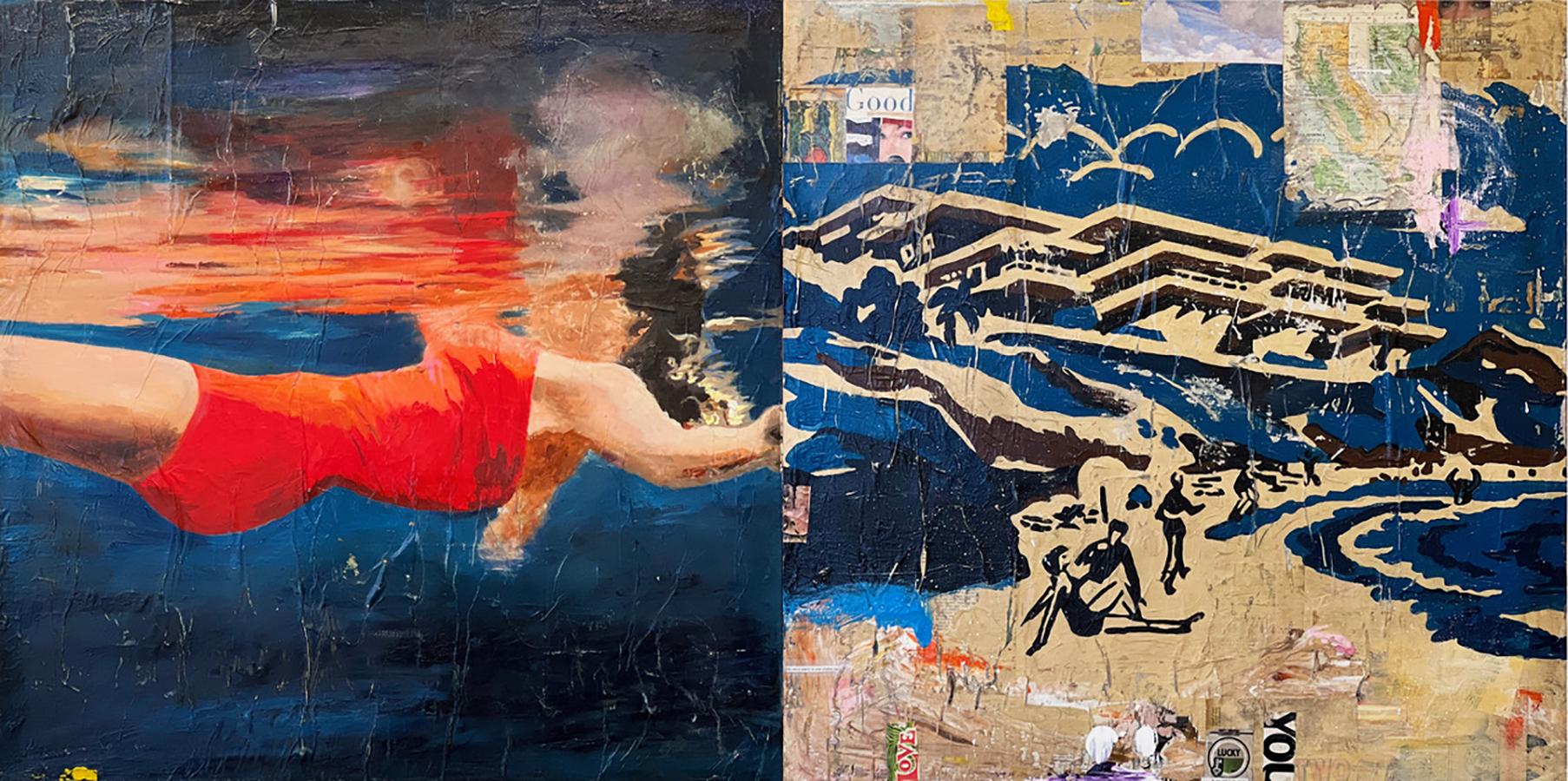 Secret Cove (Diptych), 2023_Greg Miller_Acrylic/Collage/Panel_Text/Swimmer