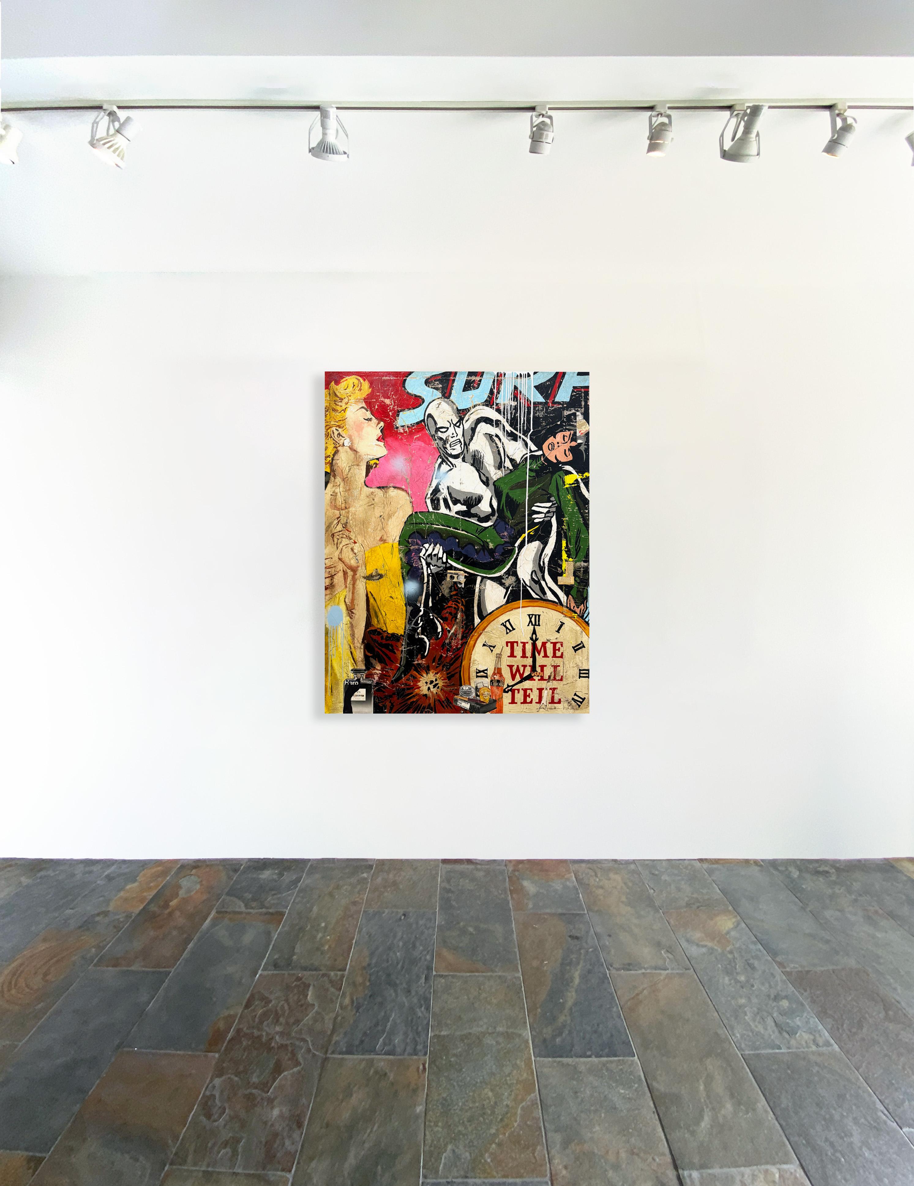 Superheld, Collage, Weibliche Figur & Text, Pop Art, Surf von Greg Miller im Angebot 1