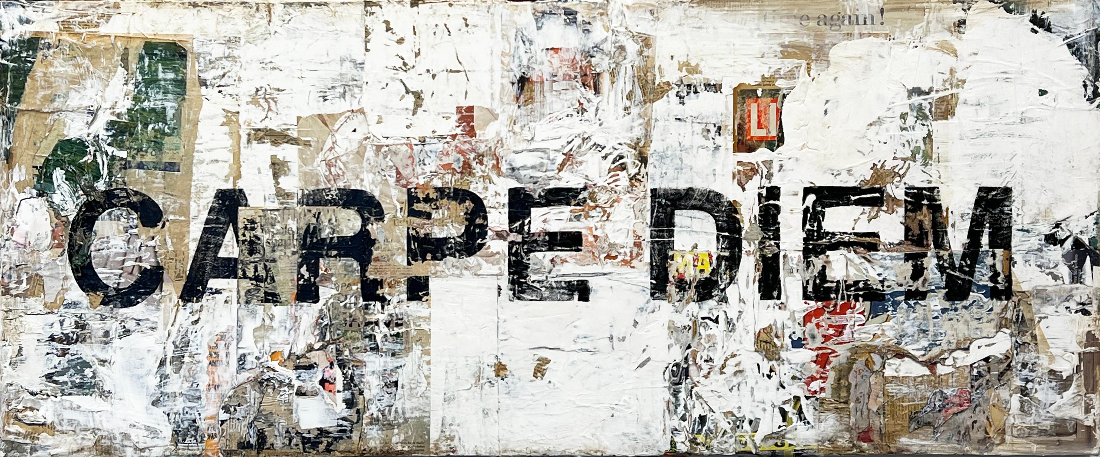 GREG MILLER
"Carpe Diem" 
Acrylic, Collage
24 x 60 in.

Drawing from the diverse cultural and geographic makeup of his Californian roots, Greg Miller explores his relationship with the space he inhabits to communicate a particular urban experience.