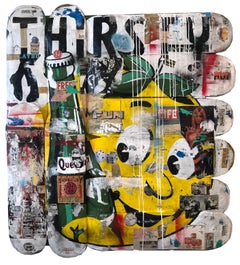 Thirsty, Greg Miller, 2020, Acrylic Paint/Spray Paint/Collage on Skateboard-text