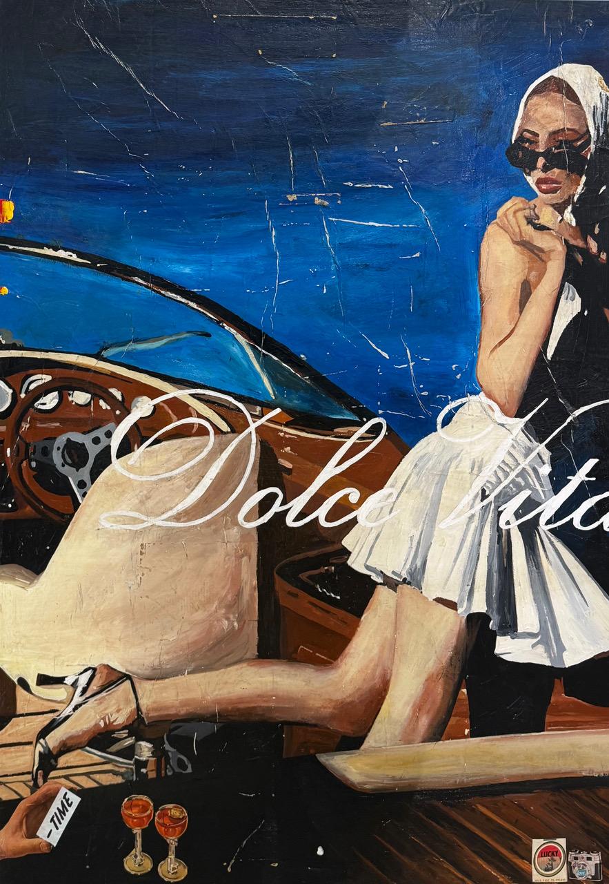 Auto d'epoca, collage, figura femminile e testo, Pop Art, Dolce Vita di Greg Miller