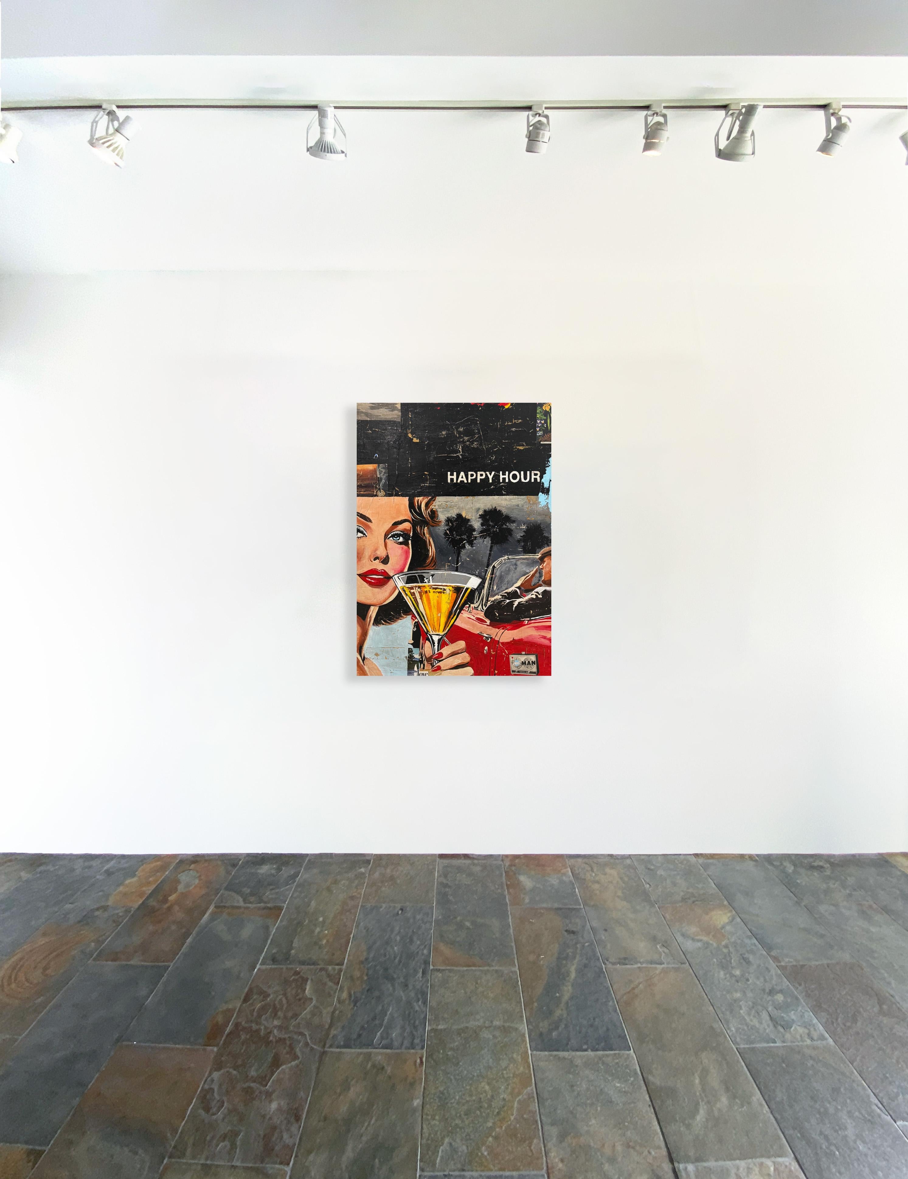 Oldtimer, Collage, Weibliche Figur & Text, Pop Art, Happy Hour von Greg Miller im Angebot 1