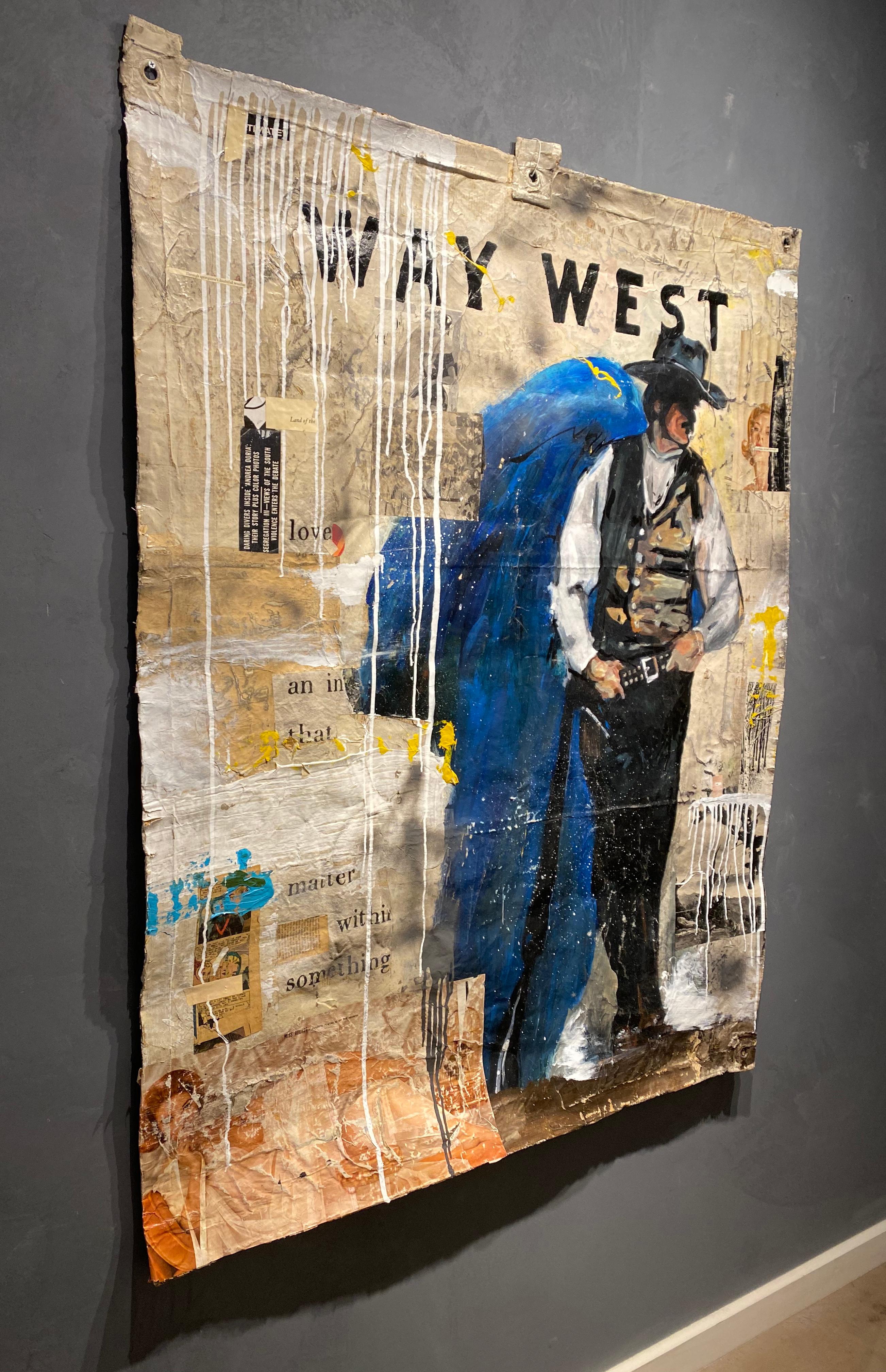 This unique mixed media painting from Greg Miller is on un-stretched canvas with rivets. It hangs like a tapestry, and is a wonderful homage to Americana. 
Considered a neo-pop artist, Miller combines both paint and collage to create bold pop