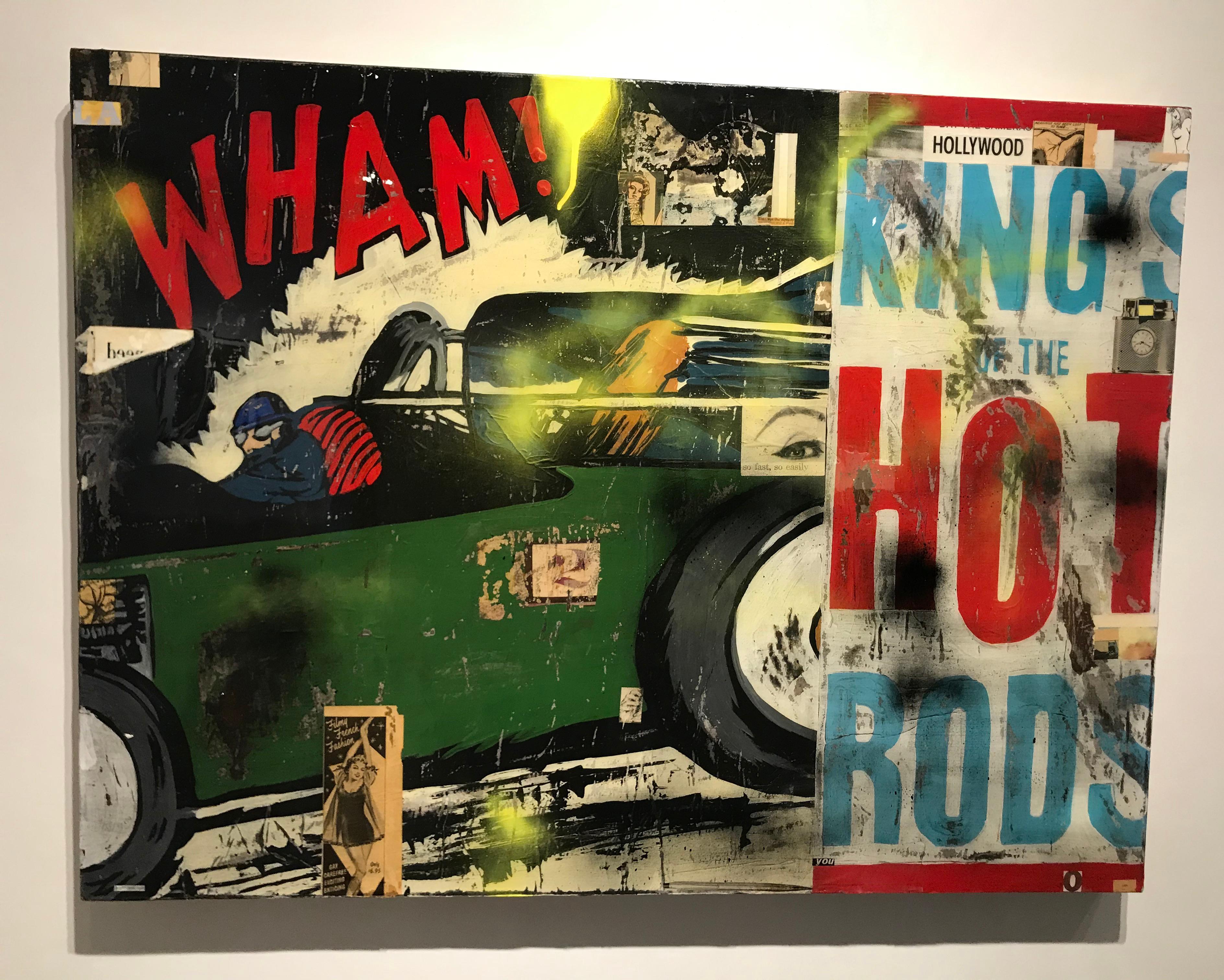 Wham- 30 x 40 inch Neo-Pop mixed media collage featuring a vintage hot rod car - Painting by Greg Miller