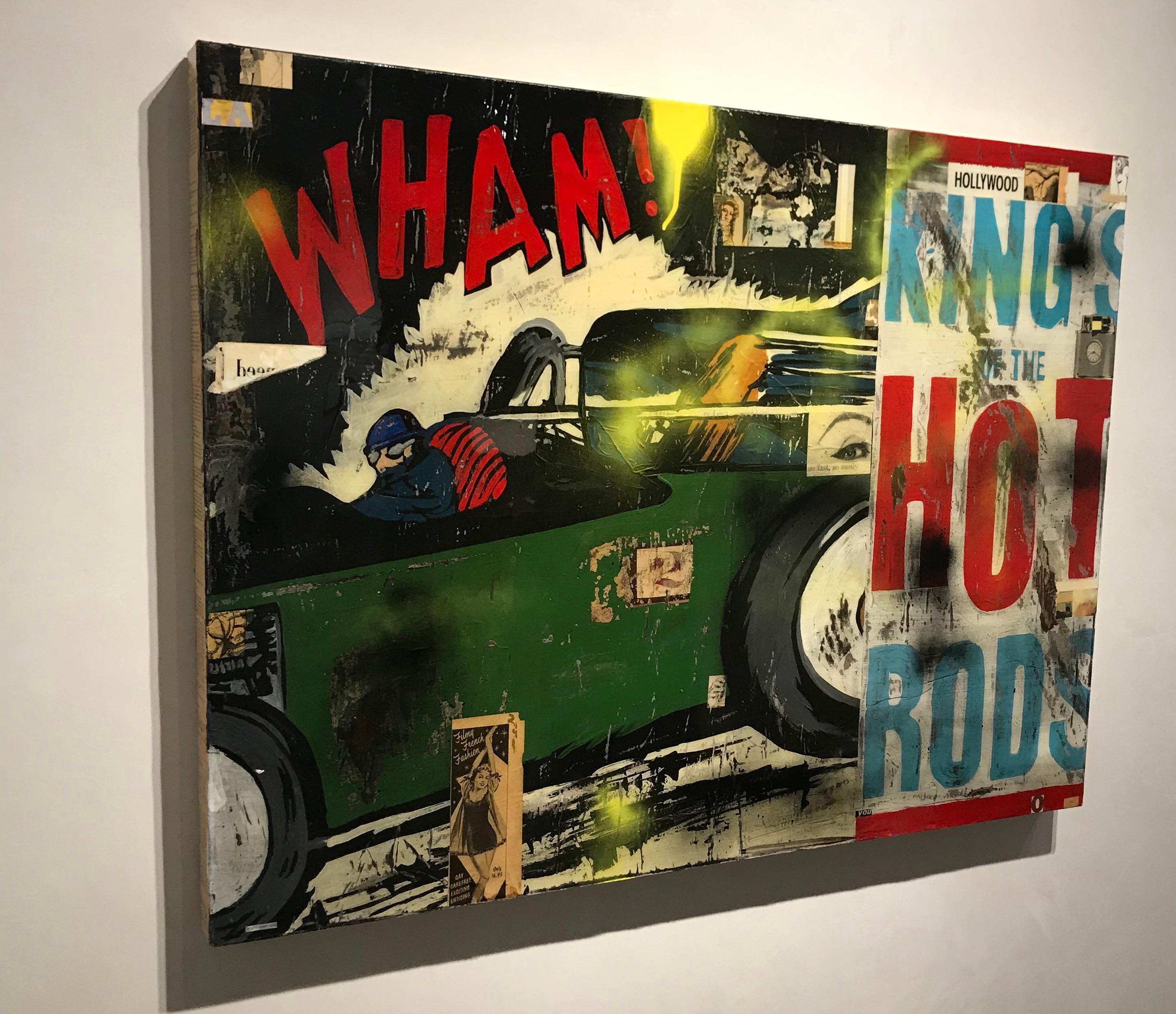 Wham- 30 x 40 inch Neo-Pop mixed media collage featuring a vintage hot rod car - Pop Art Painting by Greg Miller