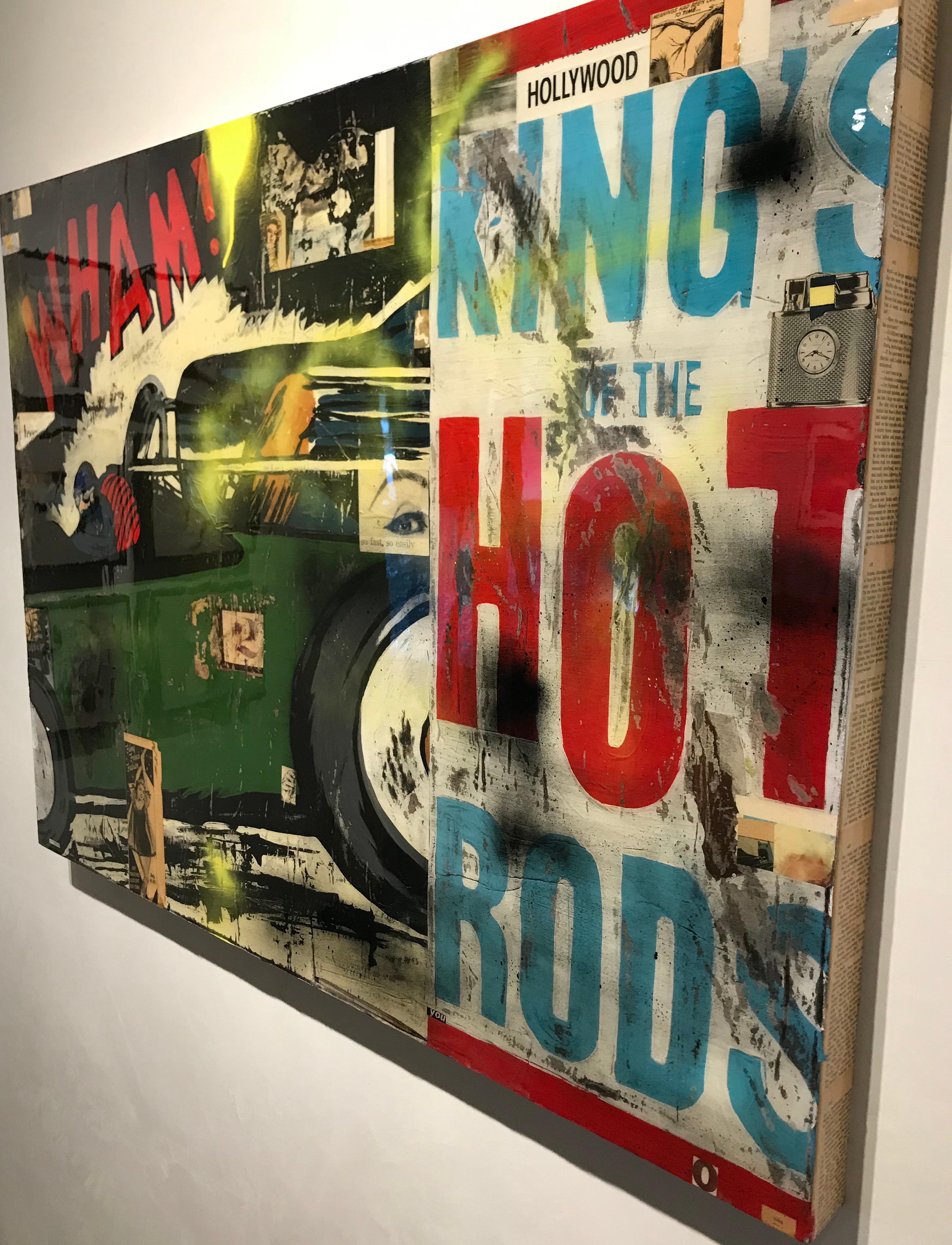 Wham- 30 x 40 inch Neo-Pop mixed media collage featuring a vintage hot rod car - Black Figurative Painting by Greg Miller