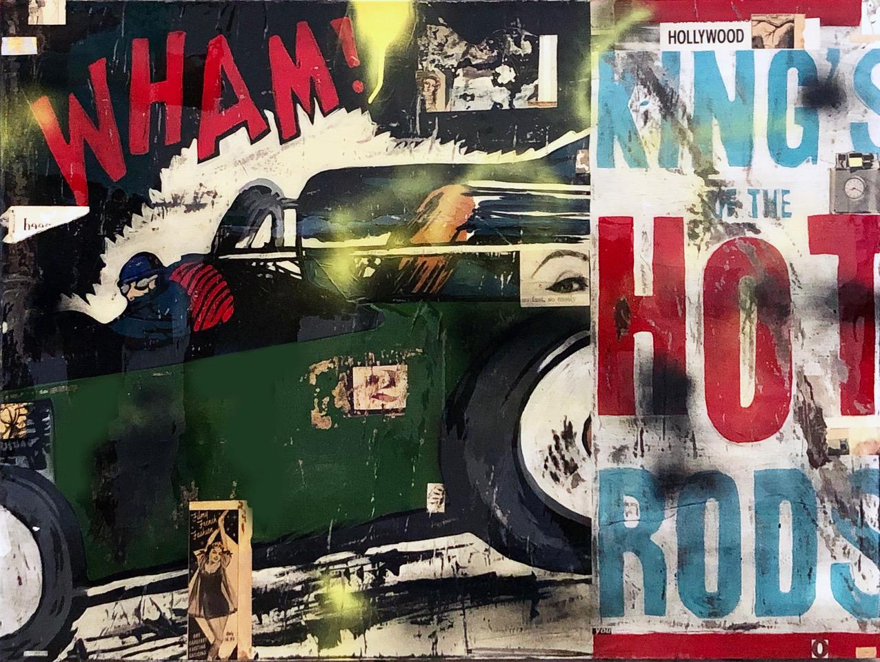 Greg Miller Figurative Painting - Wham- 30 x 40 inch Neo-Pop mixed media collage featuring a vintage hot rod car