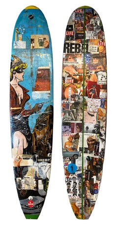 Woman Dig It, 2021_Greg Miller_Acrylic/Collage/Resin/Reclaimed Surfboard