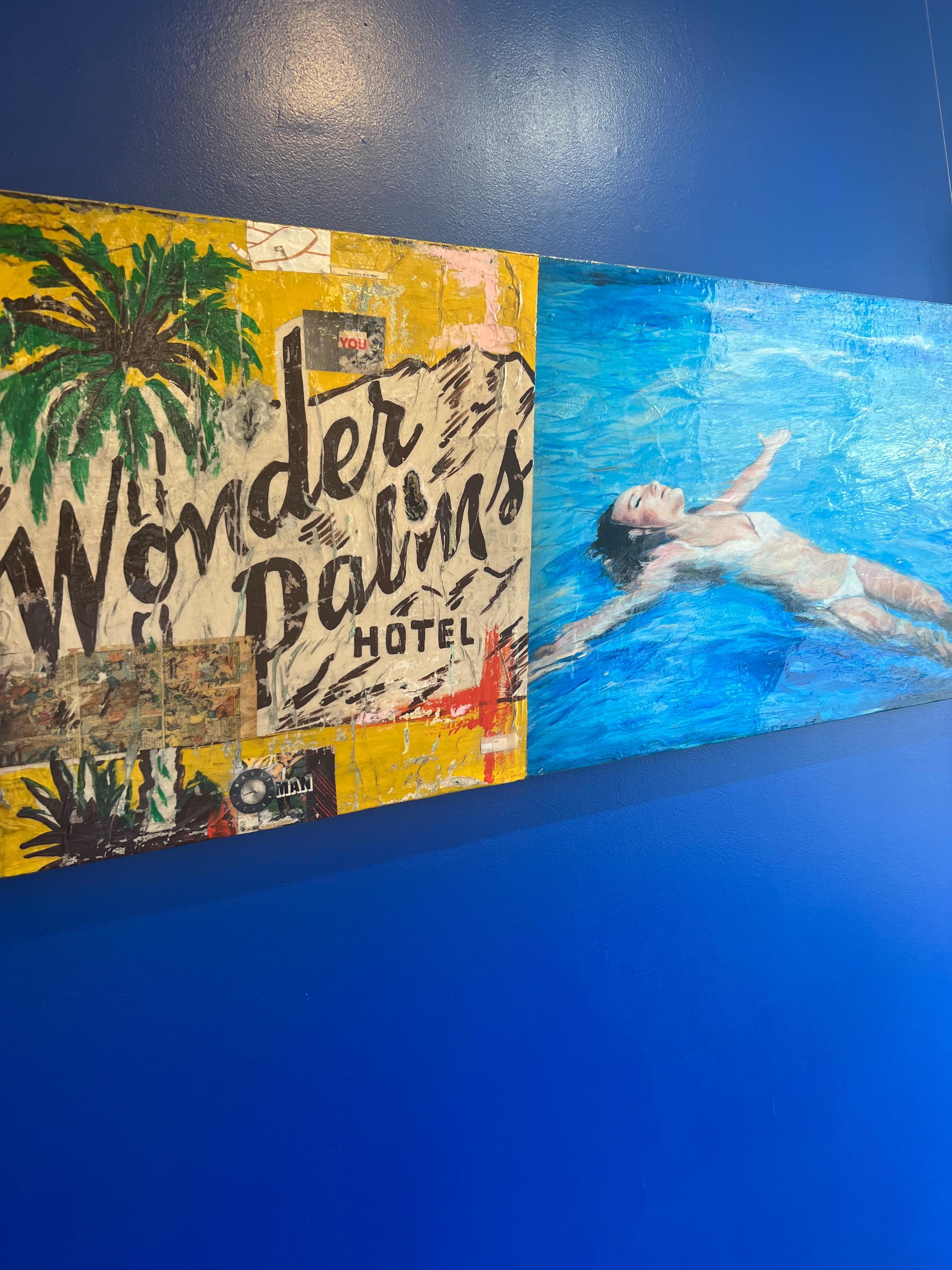 Wonder Palms, 2023_Greg Miller_Acrylique/Collage/Panel_ Text/Swimmer en vente 2