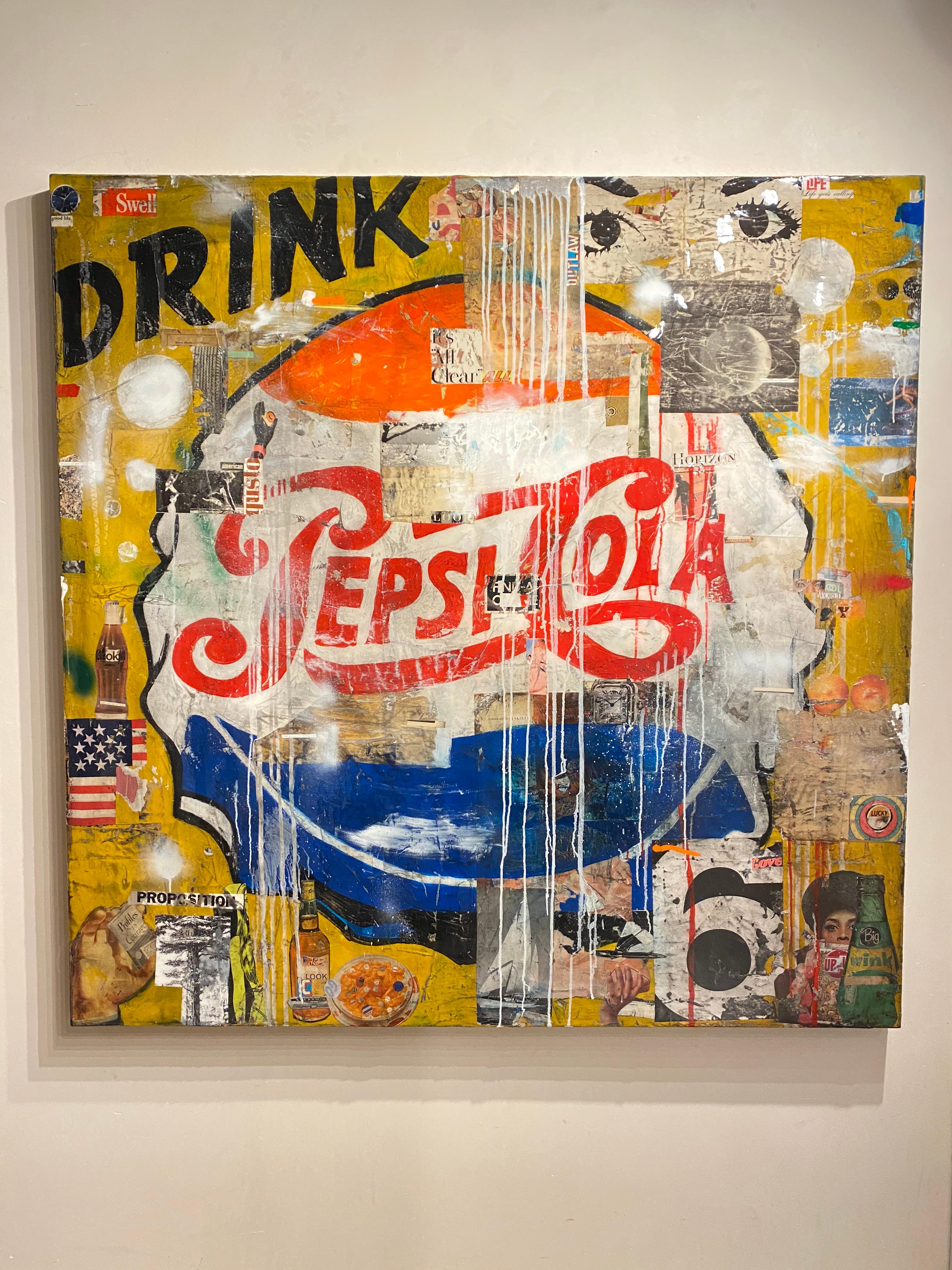 Trinken Sie Pepsi Cola – 60 x 60 Zoll Neo-Pop-Mixed-Media-Gemälde in Senf und Rot (Pop-Art), Painting, von Greg Miller
