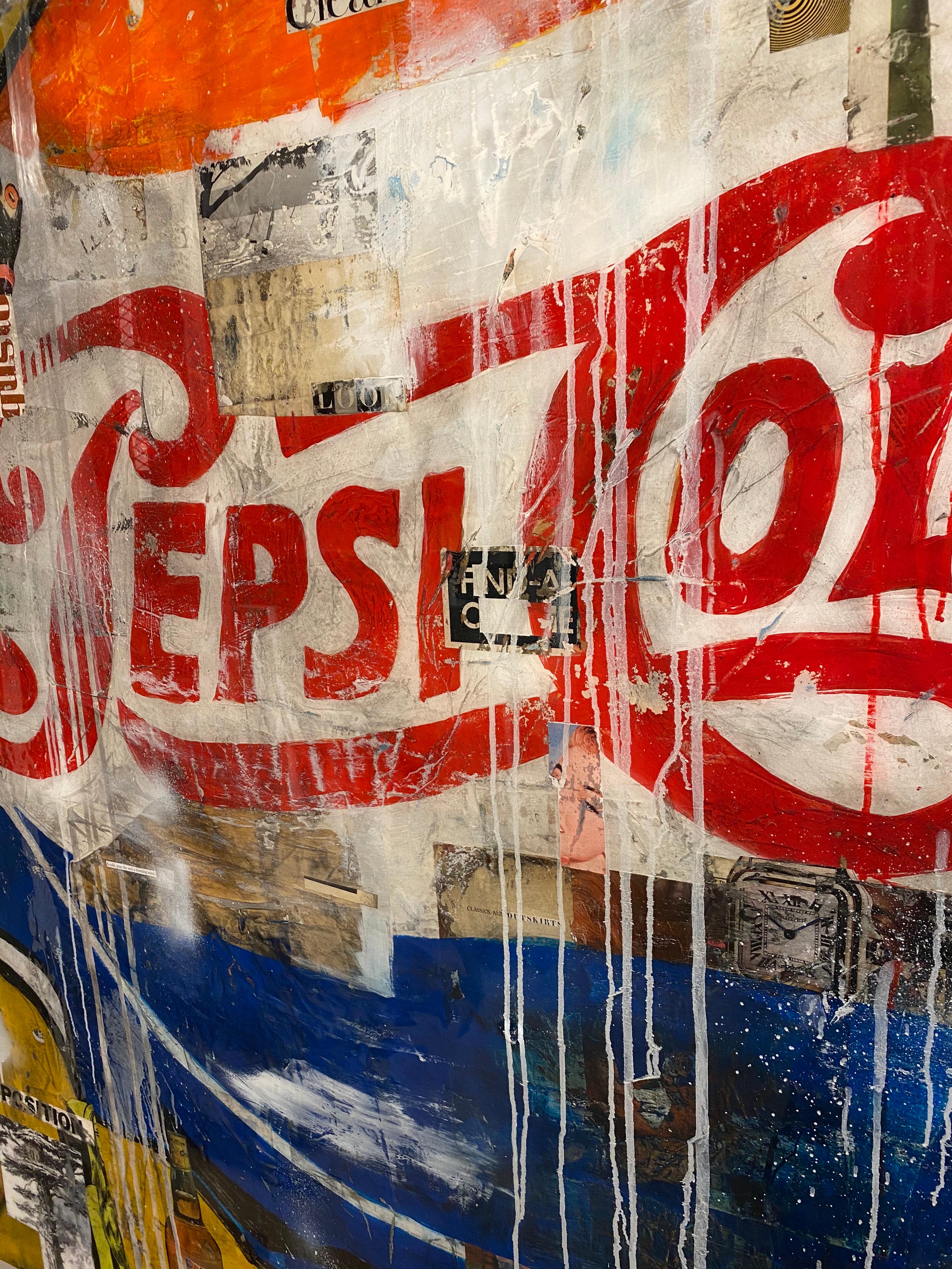 Dieses Neo-Pop-Gemälde mit Collage und Harz von Greg Miller fühlt sich an wie ein altes Tankstellenschild von der Route 66. 


Miller:: der als Neo-Pop-Künstler gilt:: kombiniert Farbe und Collage:: um kühne Bilder der Popkultur zu schaffen:: und